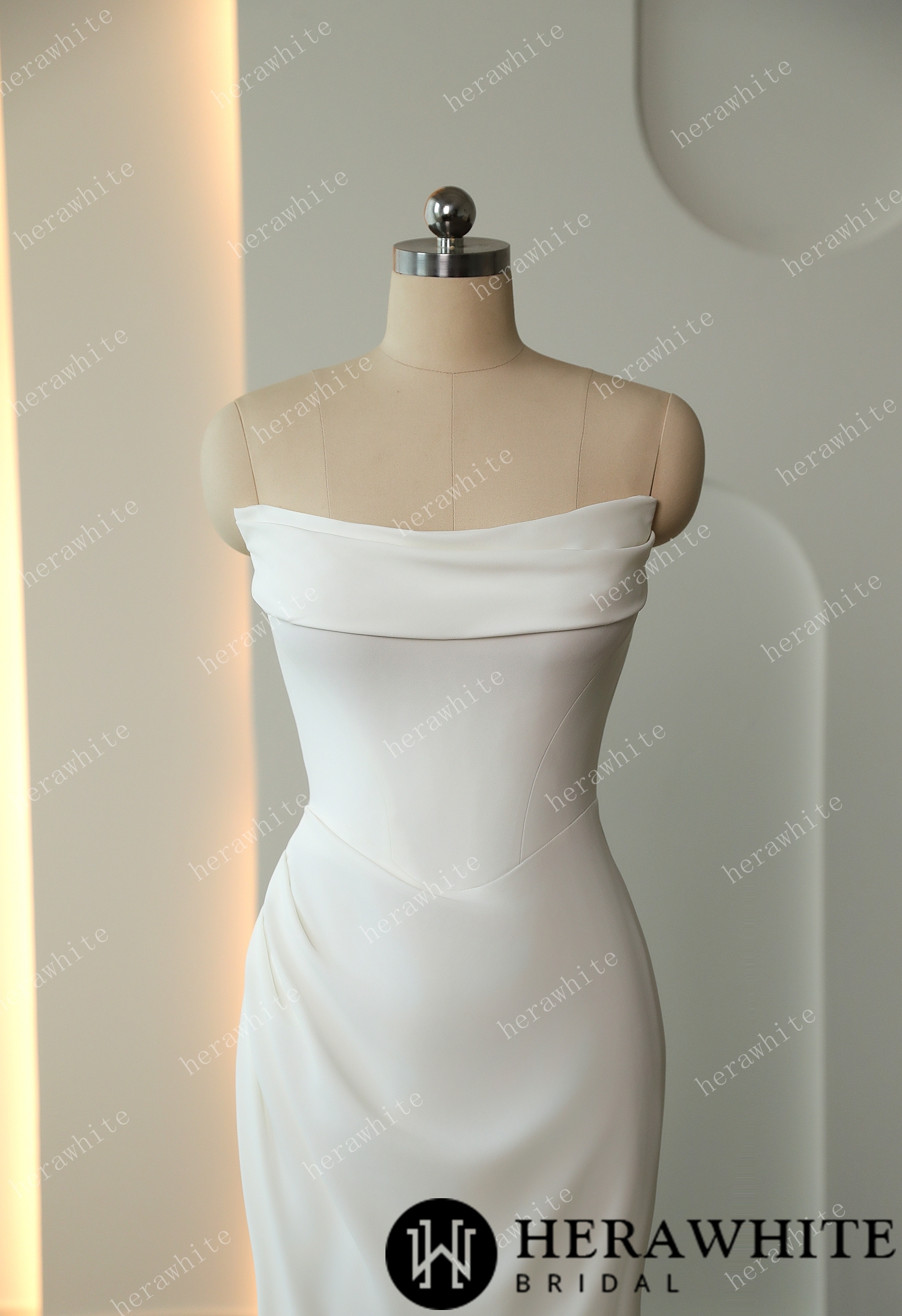 In Stock/ Elegant Crepe Ruched With Scoop Neckline Wedding Dress