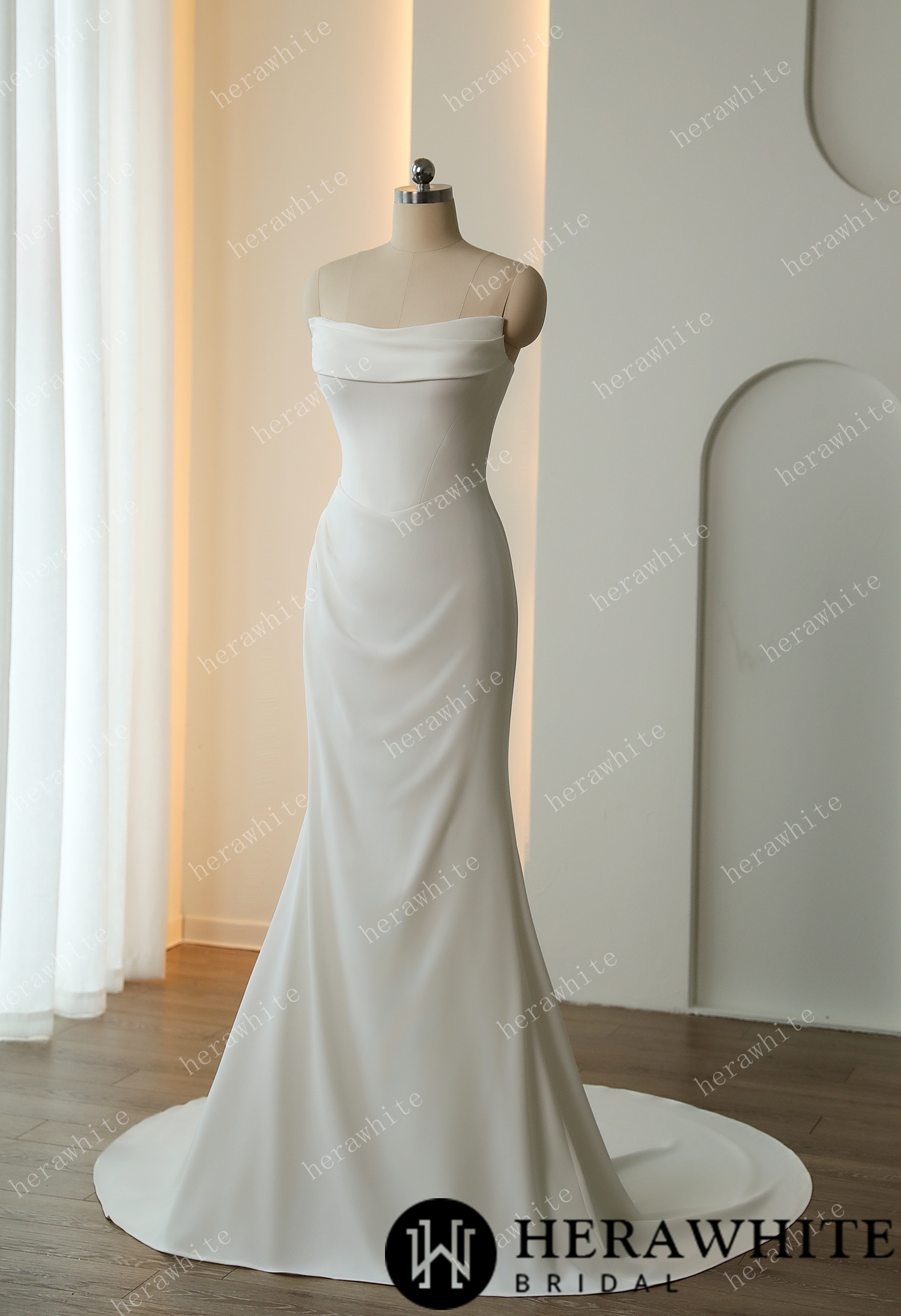 In Stock/ Elegant Crepe Ruched With Scoop Neckline Wedding Dress
