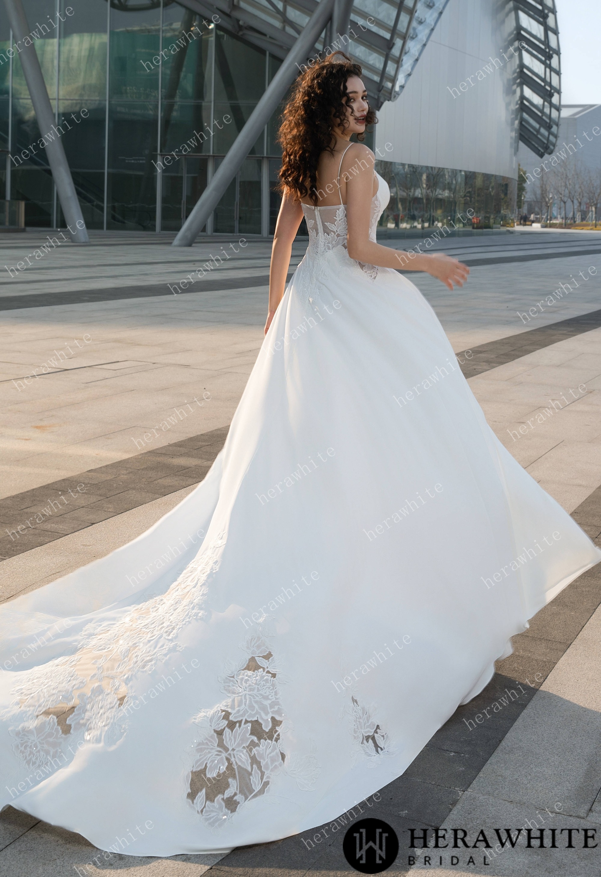 In Stock/ Chiffon A-Line Wedding Dress with Plunging V-Neckline and Illusion Back