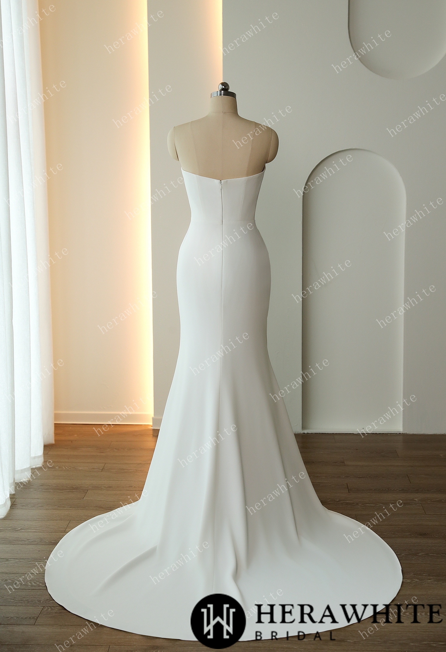 In Stock/ Elegant Crepe Ruched With Scoop Neckline Wedding Dress