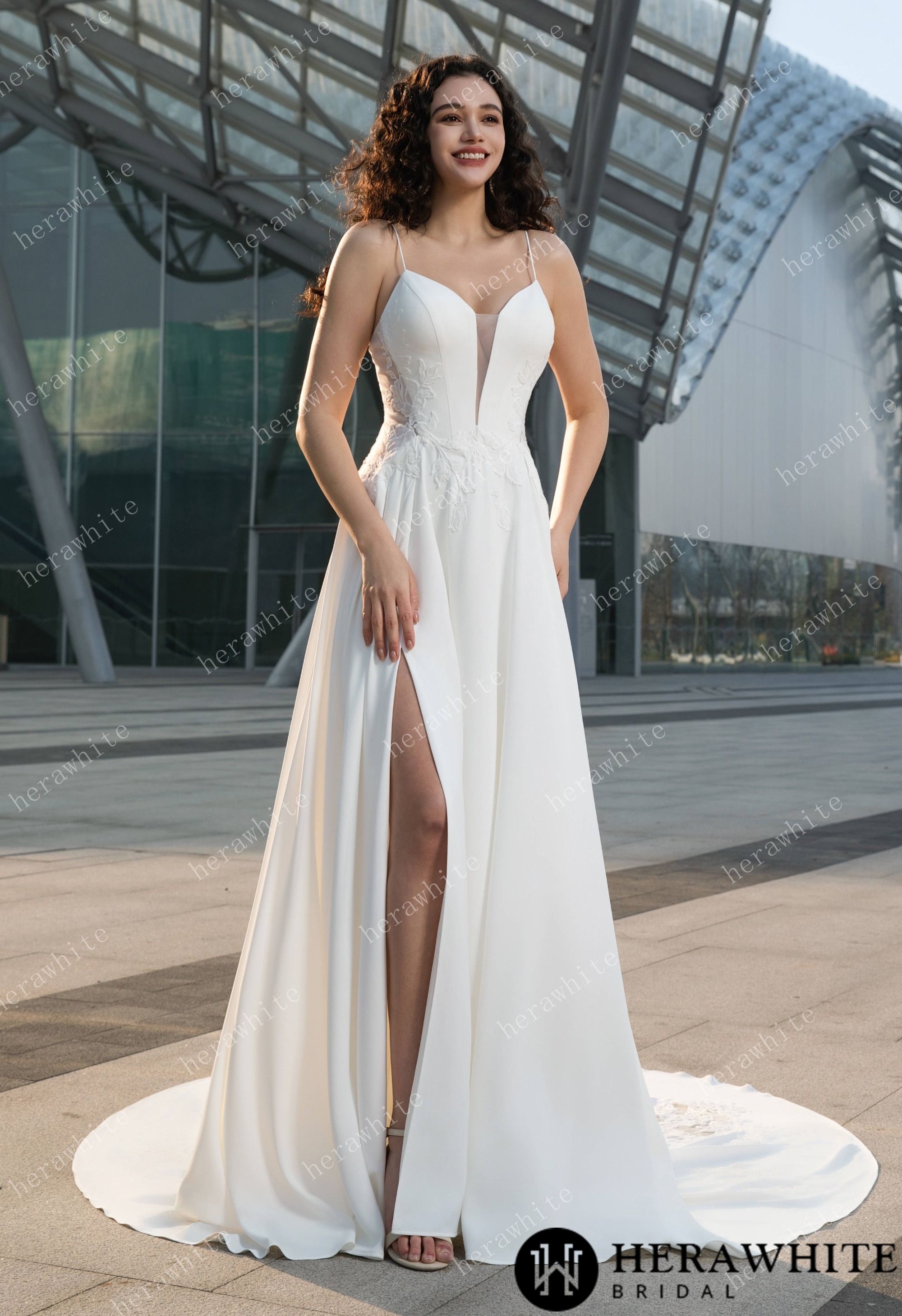 In Stock/ Chiffon A-Line Wedding Dress with Plunging V-Neckline and Illusion Back