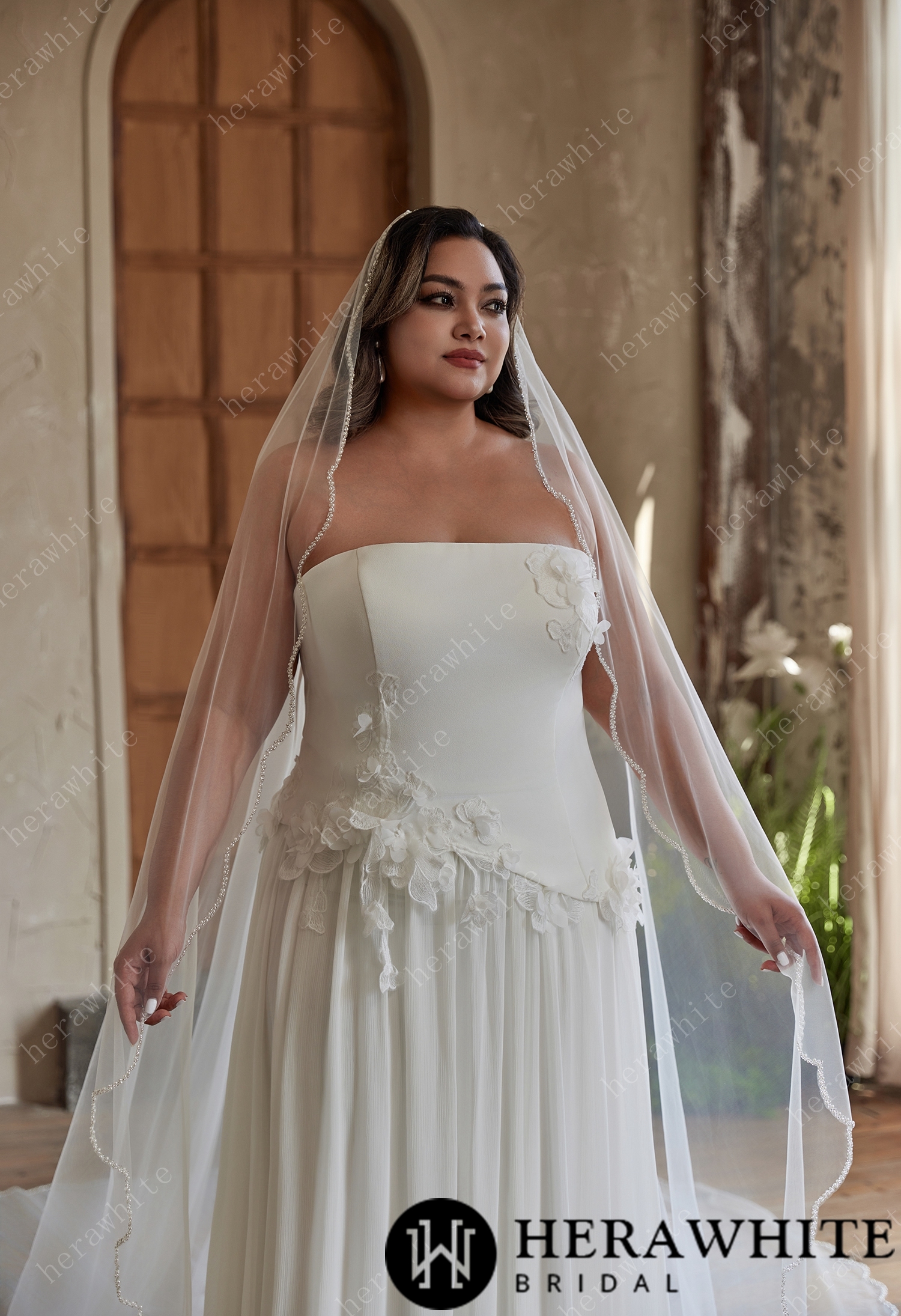 Strapless Chiffon Wedding Dress with 3D Floral Accents for Plus Sizes
