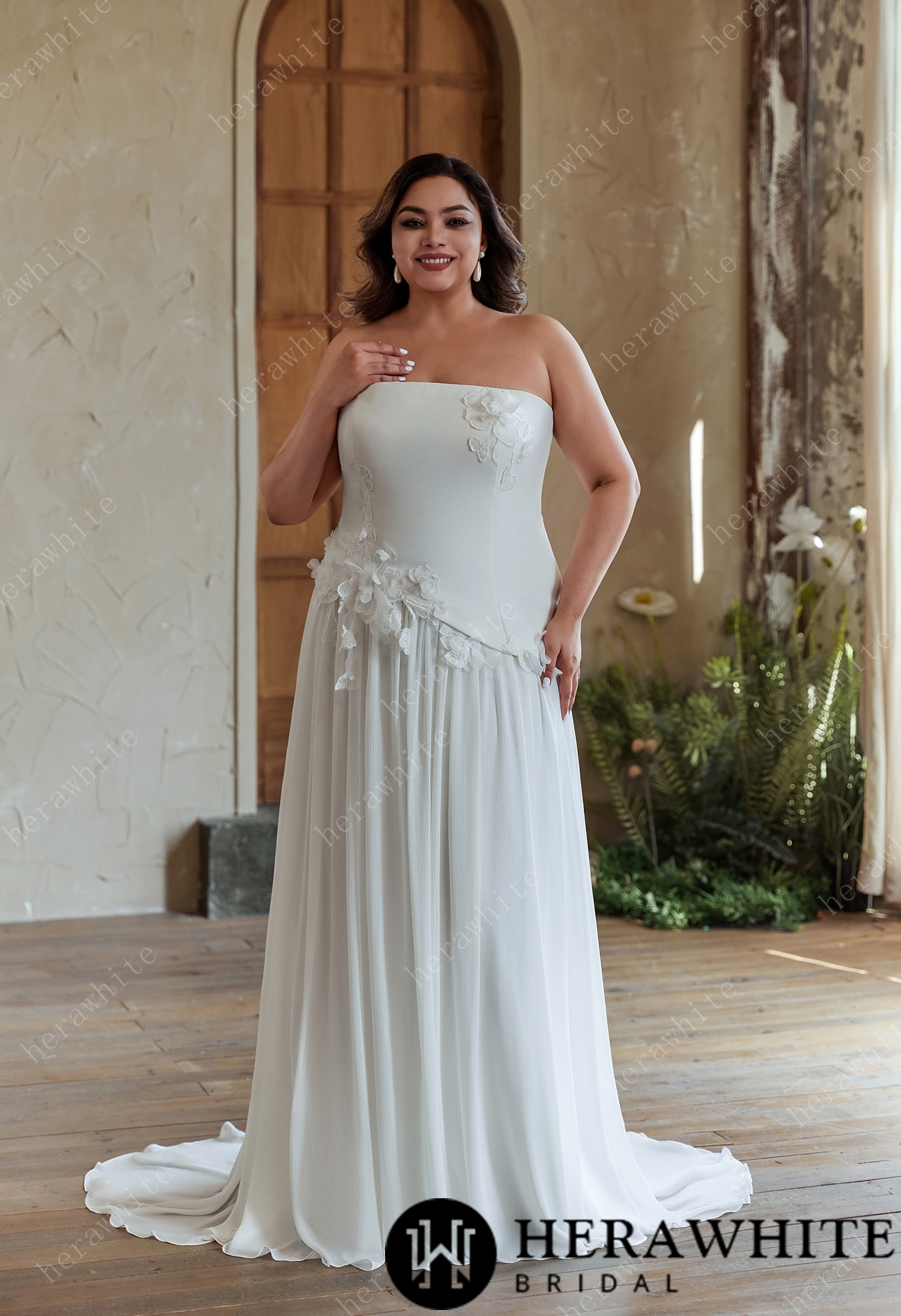 Strapless Chiffon Wedding Dress with 3D Floral Accents for Plus Sizes