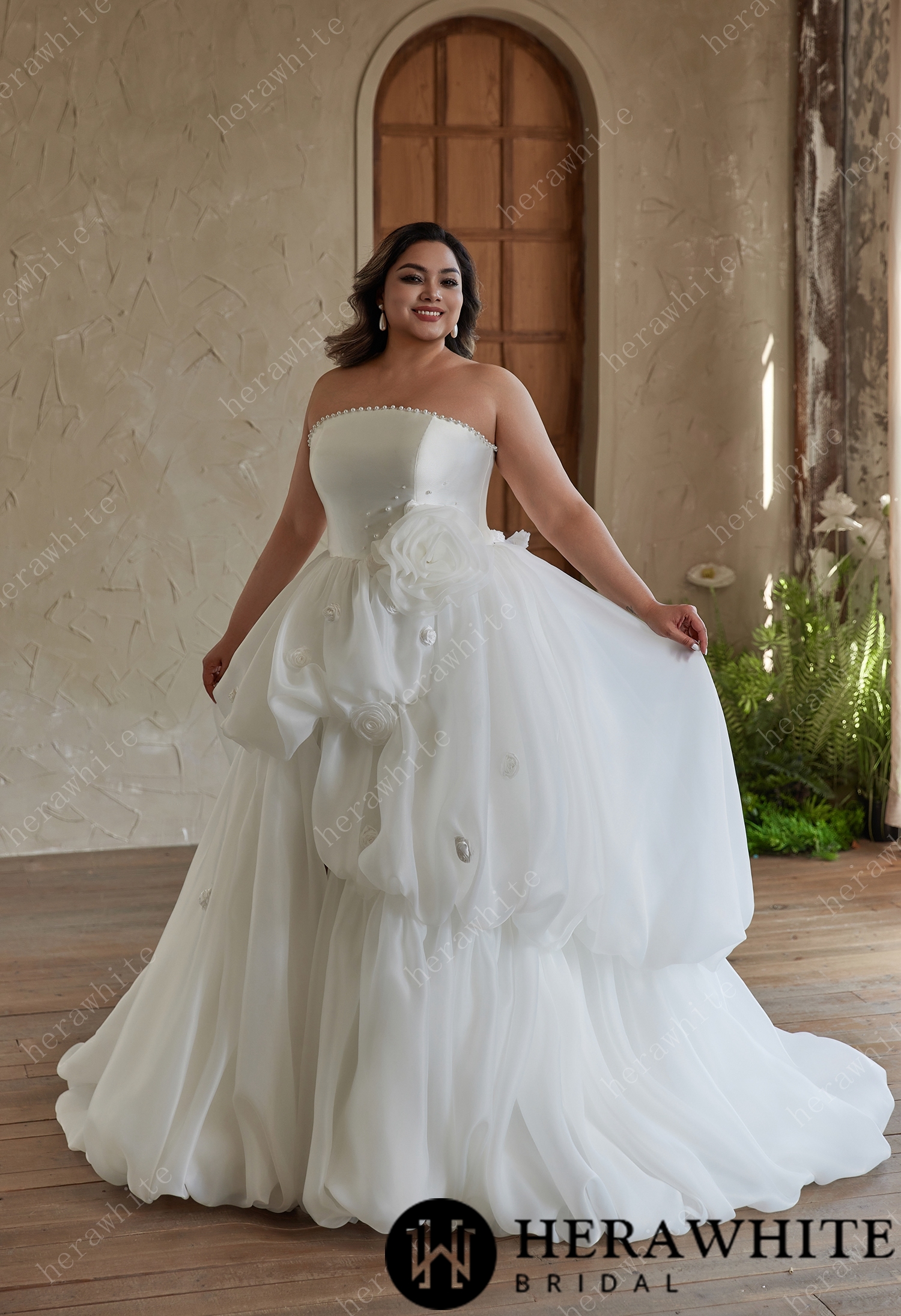 Pearl - Trimmed Strapless Ball - Gown Wedding Dress with Floral Accents