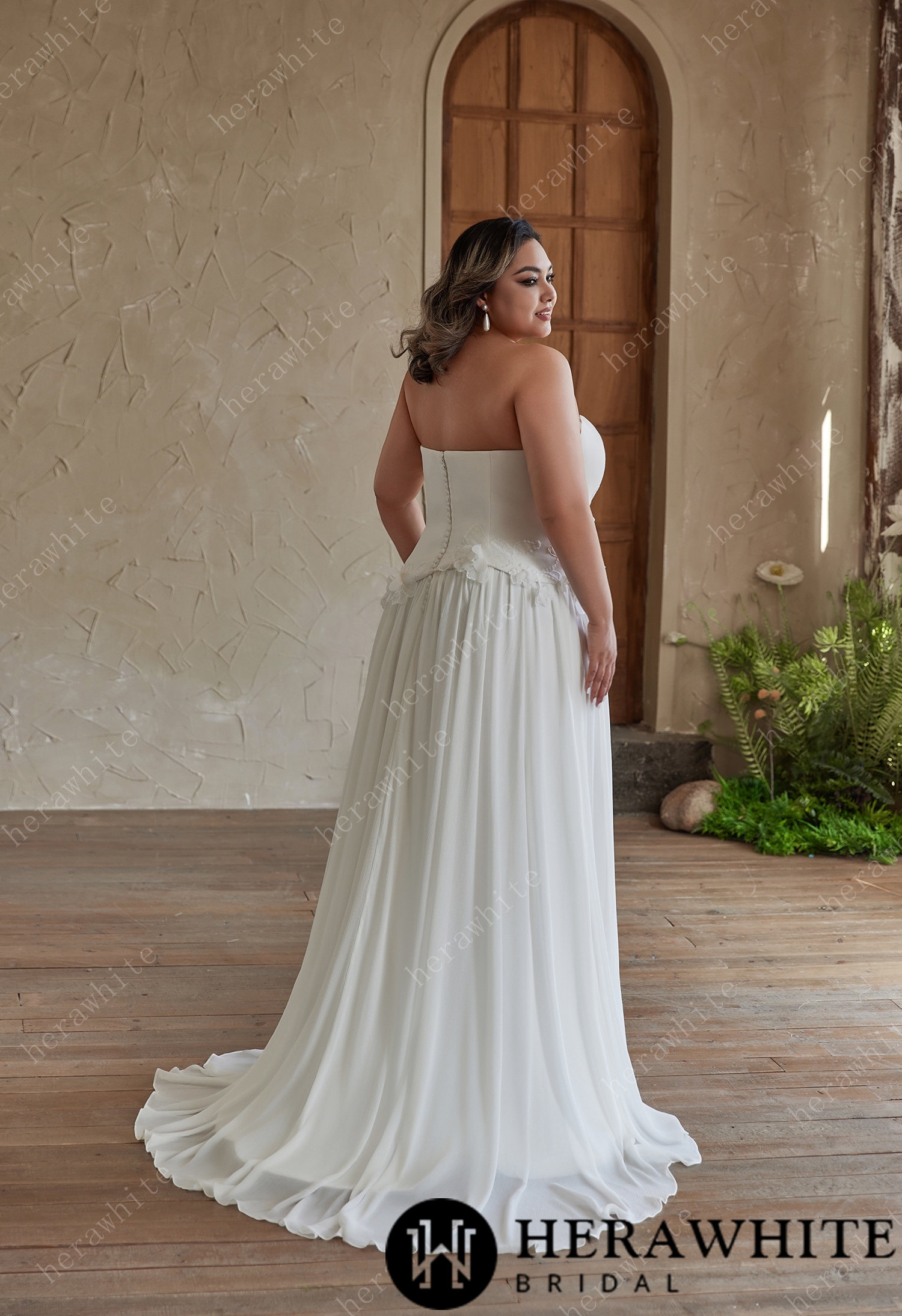 Strapless Chiffon Wedding Dress with 3D Floral Accents for Plus Sizes