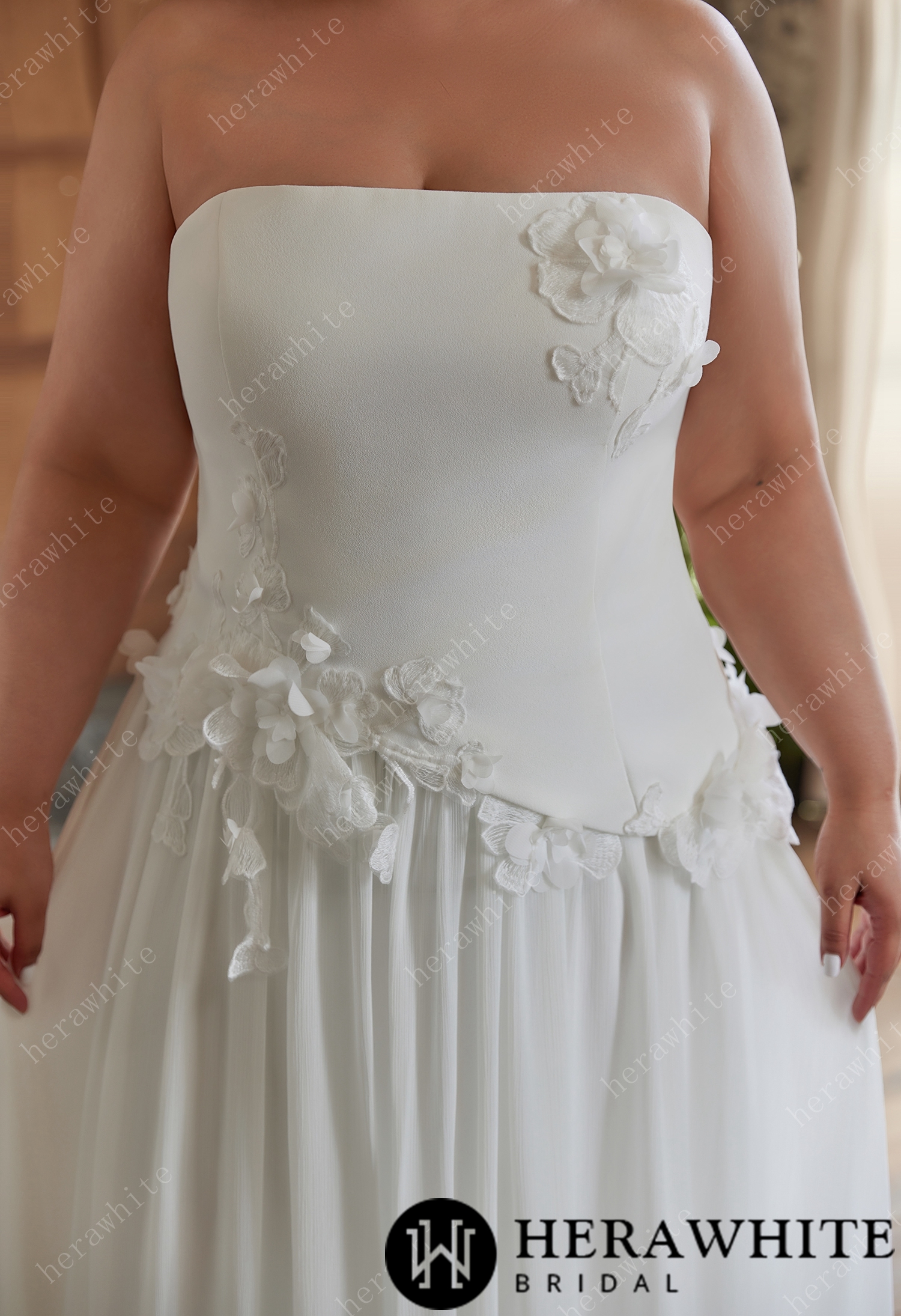 Strapless Chiffon Wedding Dress with 3D Floral Accents for Plus Sizes