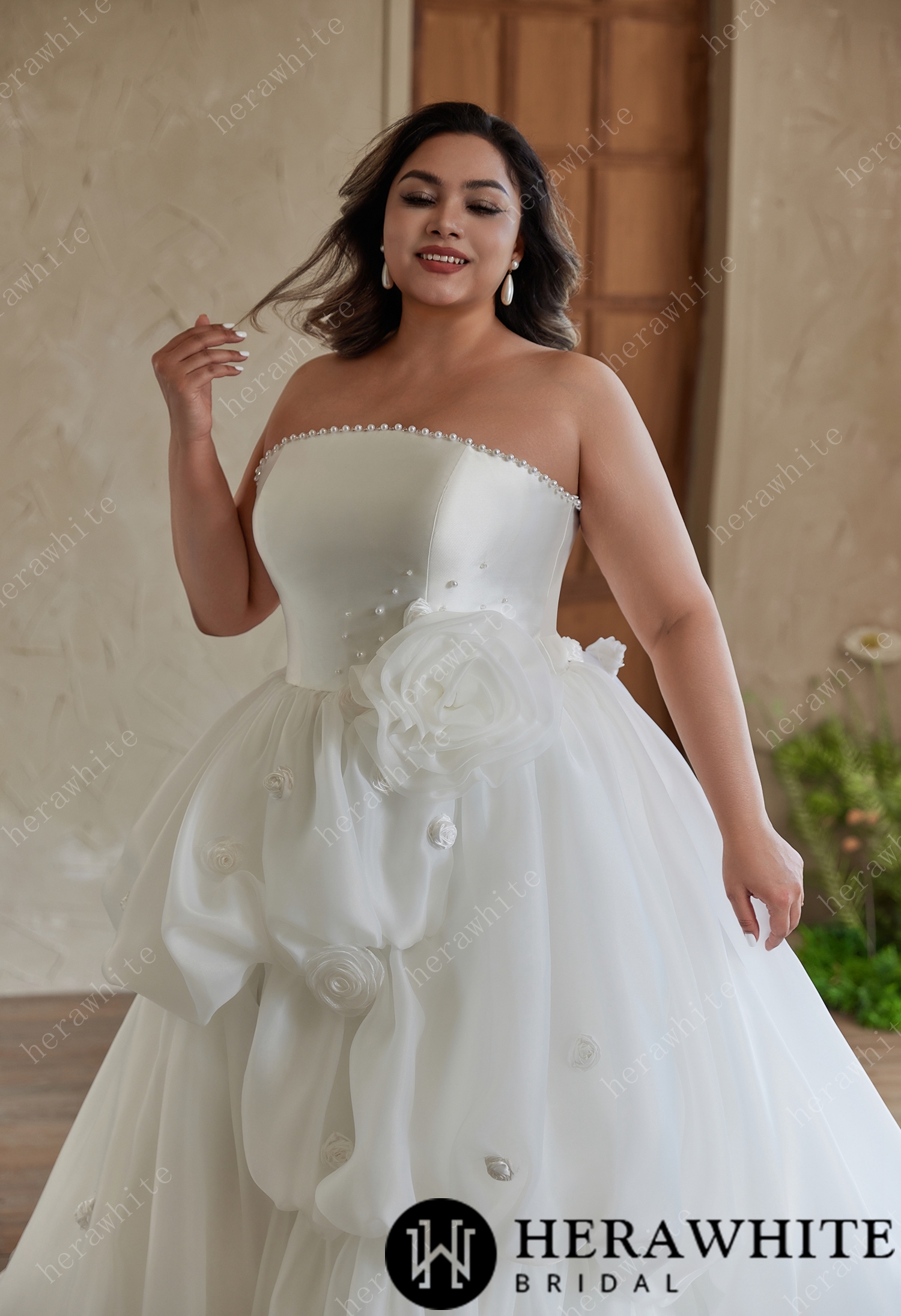 Pearl - Trimmed Strapless Ball - Gown Wedding Dress with Floral Accents