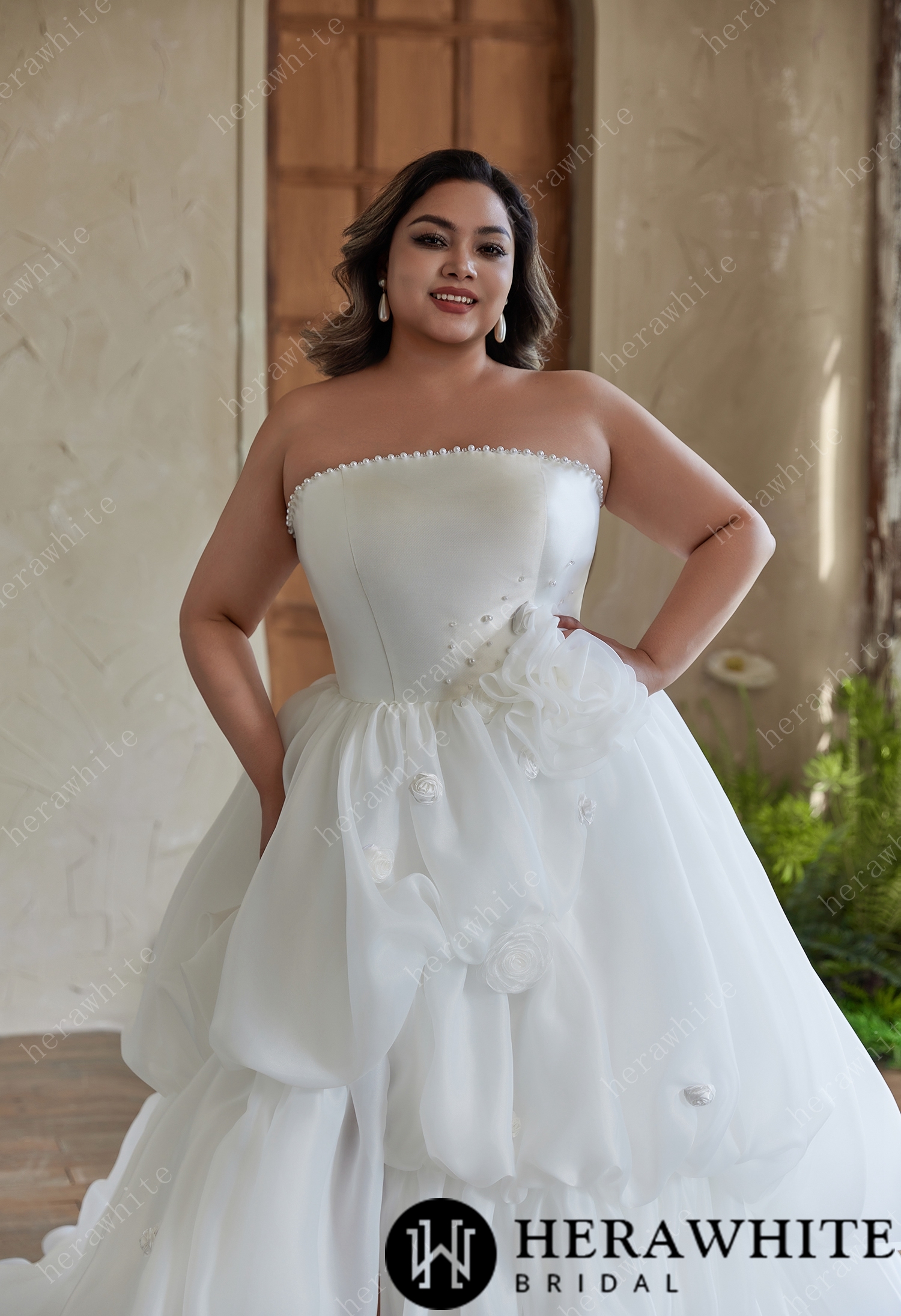 Pearl - Trimmed Strapless Ball - Gown Wedding Dress with Floral Accents
