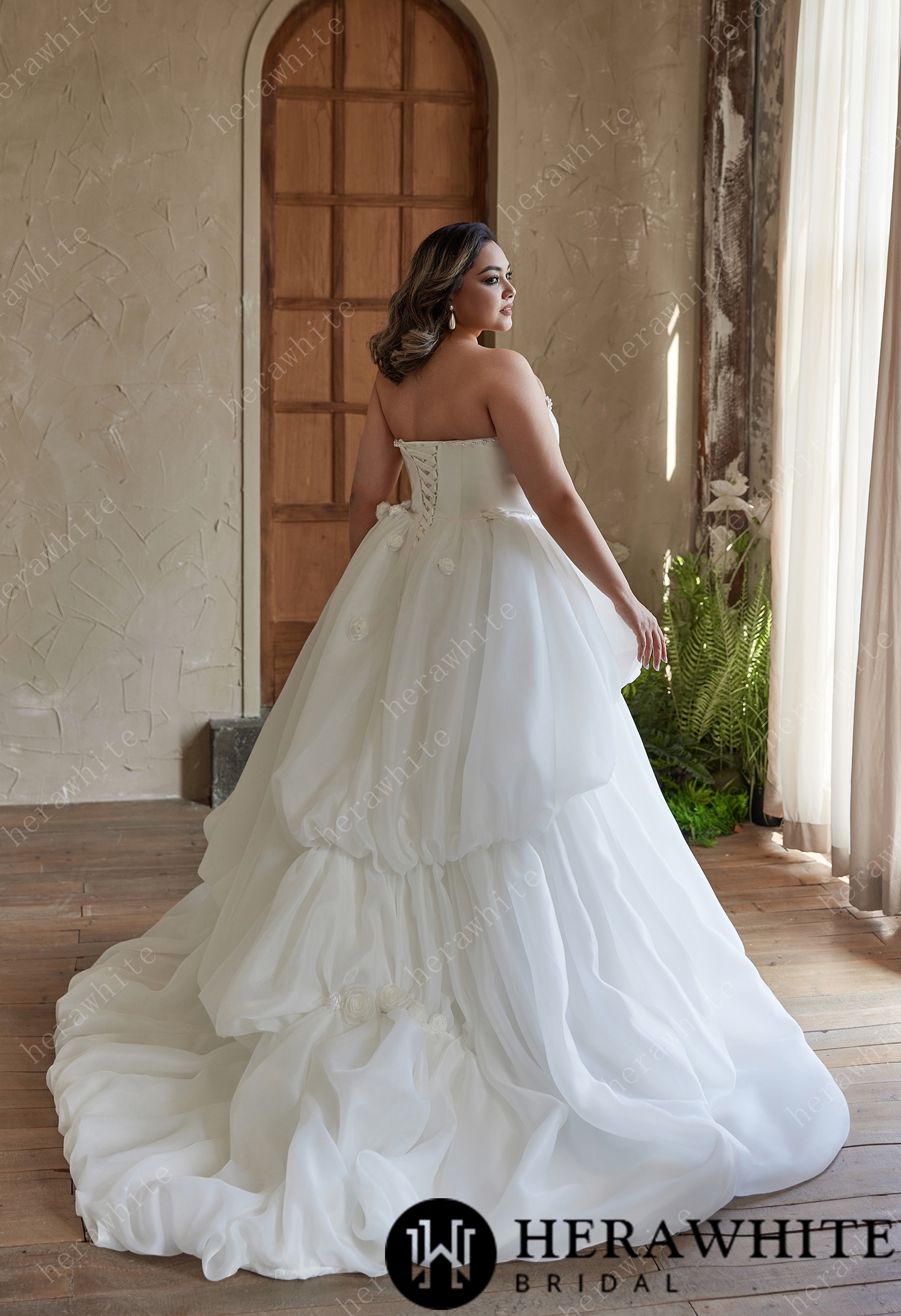 Pearl - Trimmed Strapless Ball - Gown Wedding Dress with Floral Accents