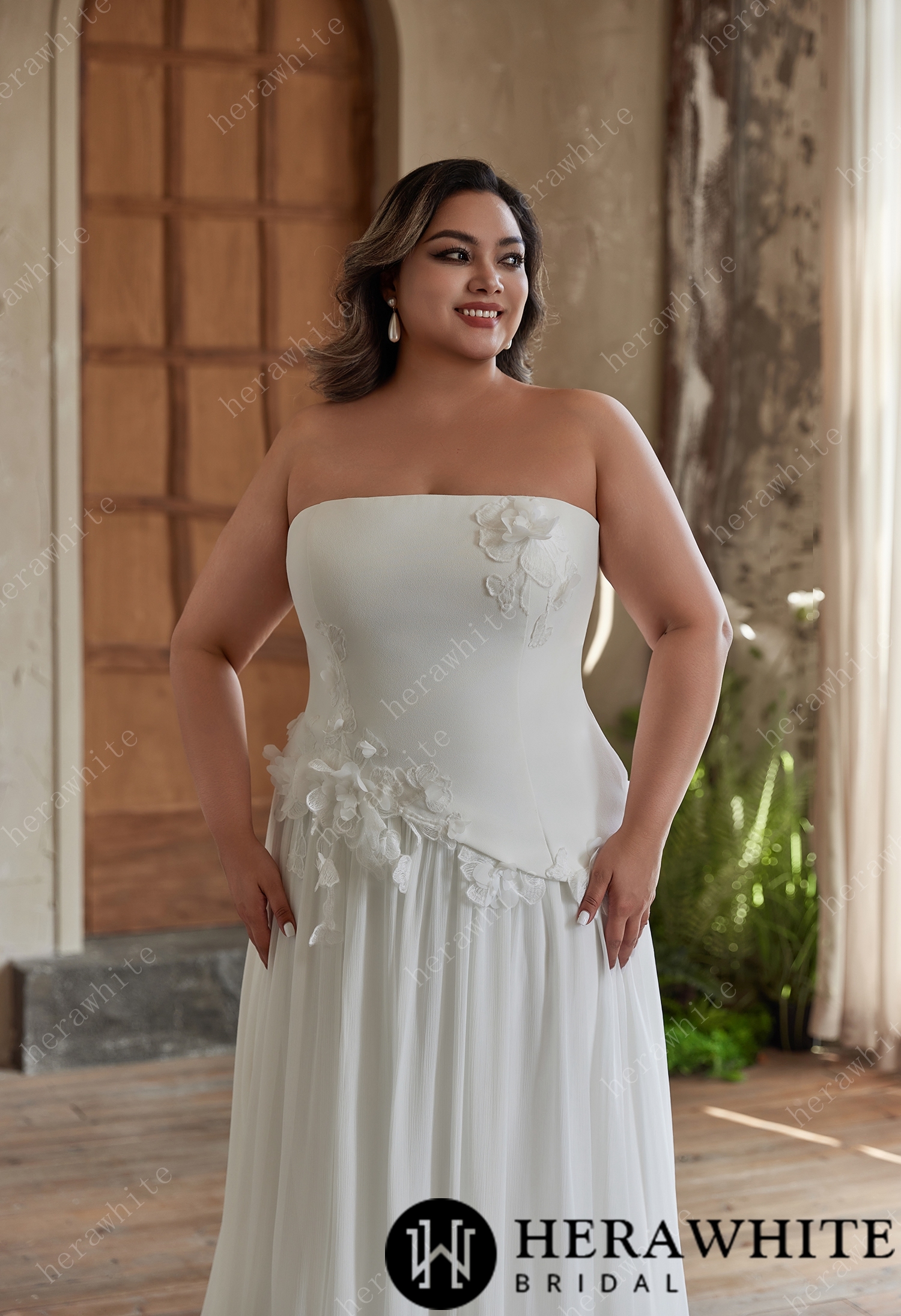 Strapless Chiffon Wedding Dress with 3D Floral Accents for Plus Sizes
