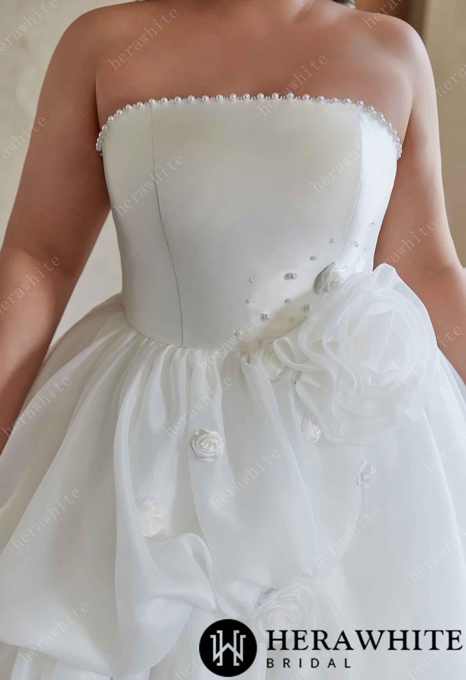 Pearl - Trimmed Strapless Ball - Gown Wedding Dress with Floral Accents