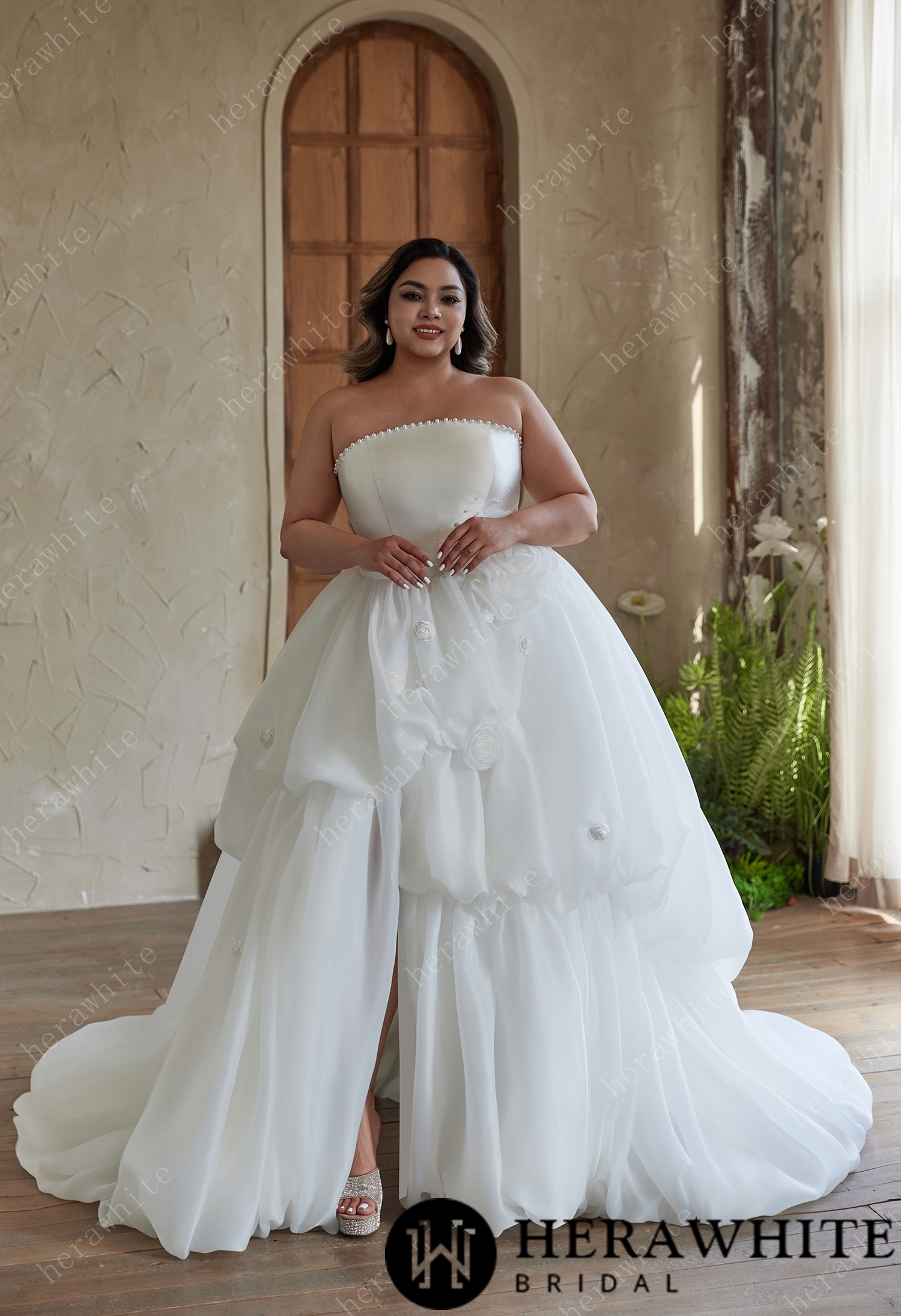 Pearl - Trimmed Strapless Ball - Gown Wedding Dress with Floral Accents