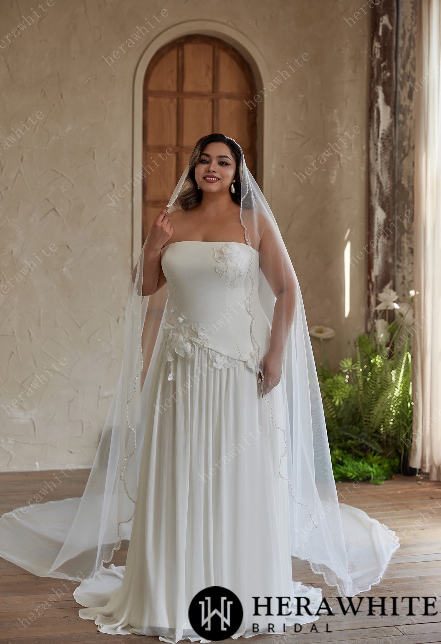 Strapless Chiffon Wedding Dress with 3D Floral Accents for Plus Sizes