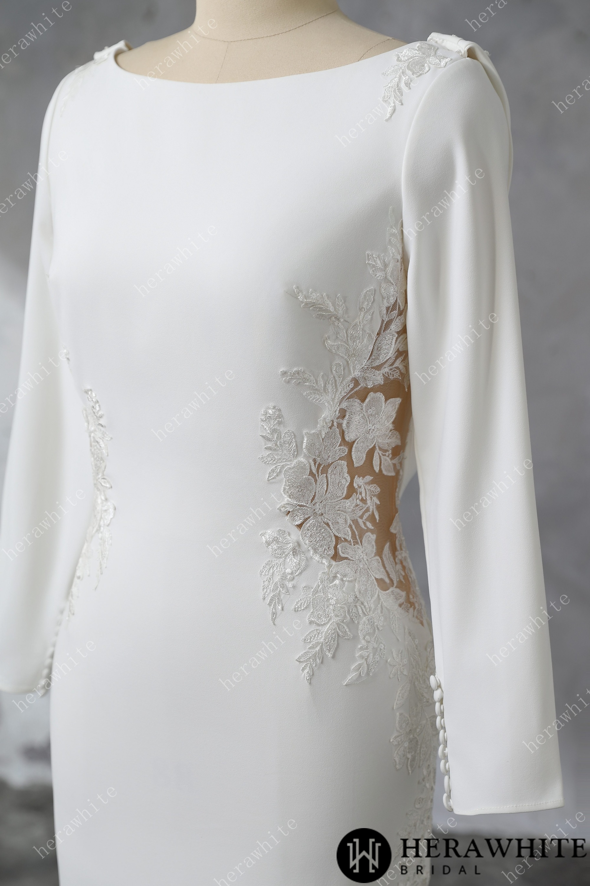 Boat Neckline Lace Cutout Crepe Fit And Flare Wedding Dress