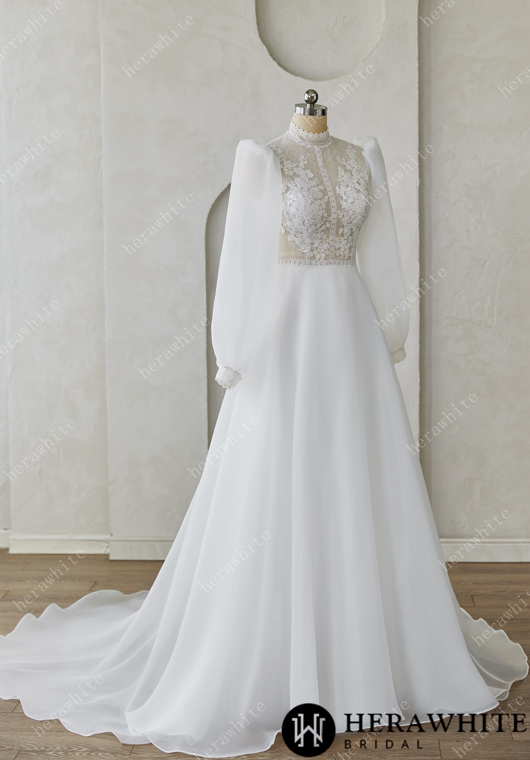 Vintage-Inspired High-Neck Lace & Voile Wedding Dress