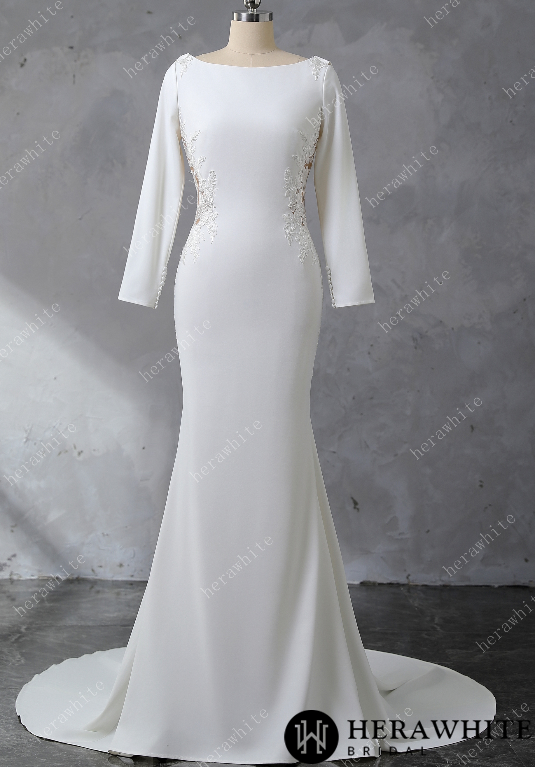 Boat Neckline Lace Cutout Crepe Fit And Flare Wedding Dress