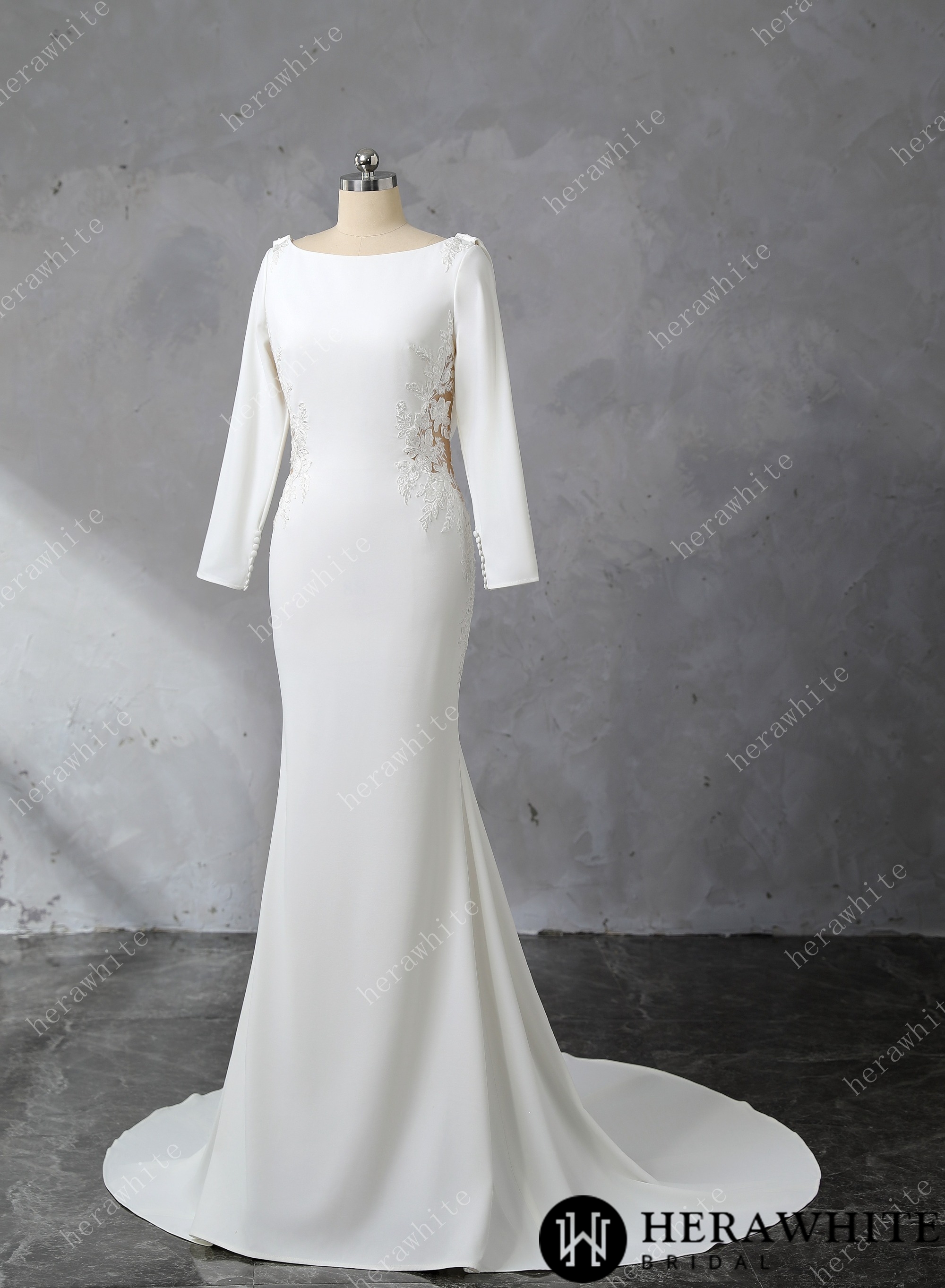 Boat Neckline Lace Cutout Crepe Fit And Flare Wedding Dress