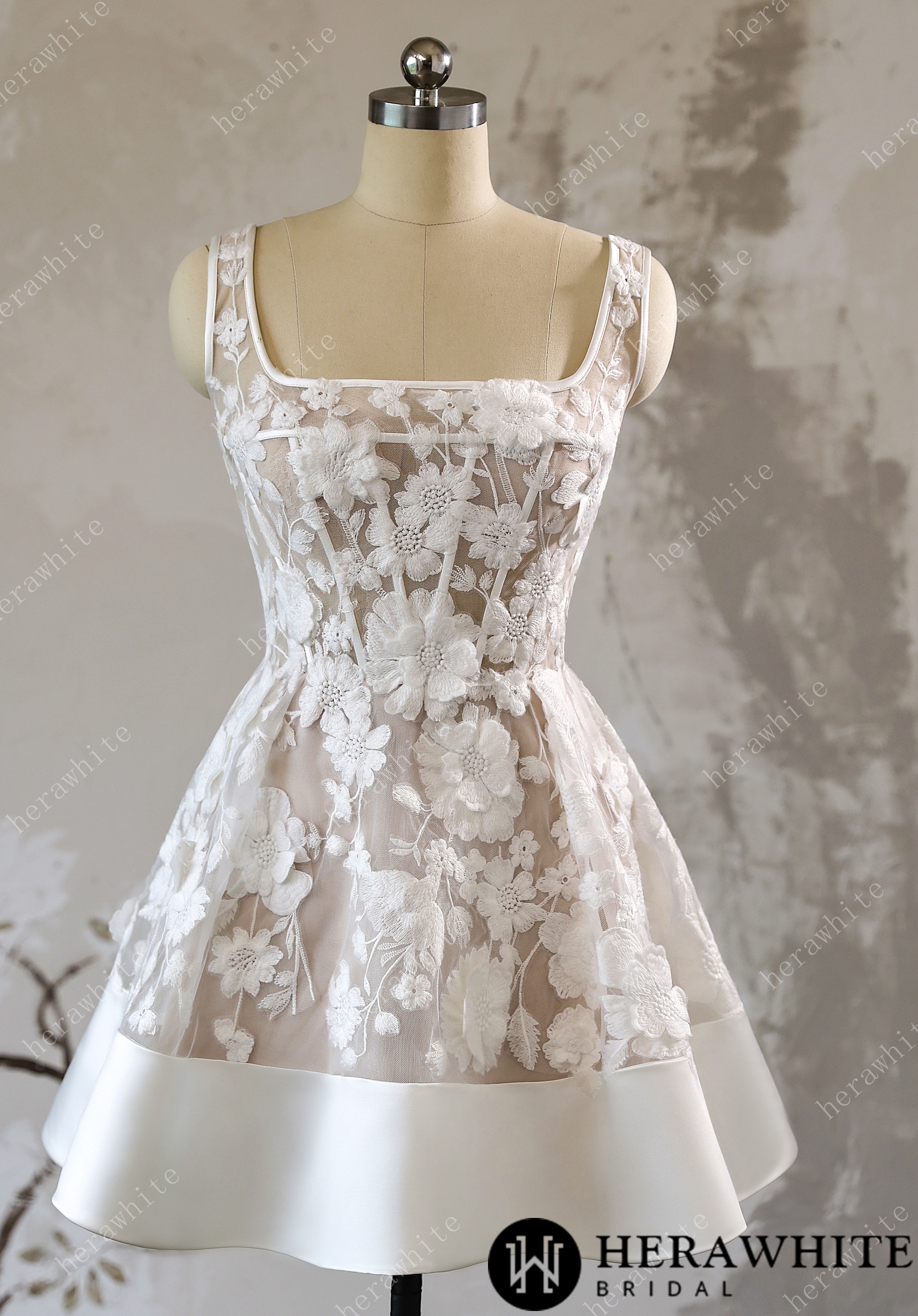 3D Floral Lace A Line Short Reception Dress with Lace Up Back