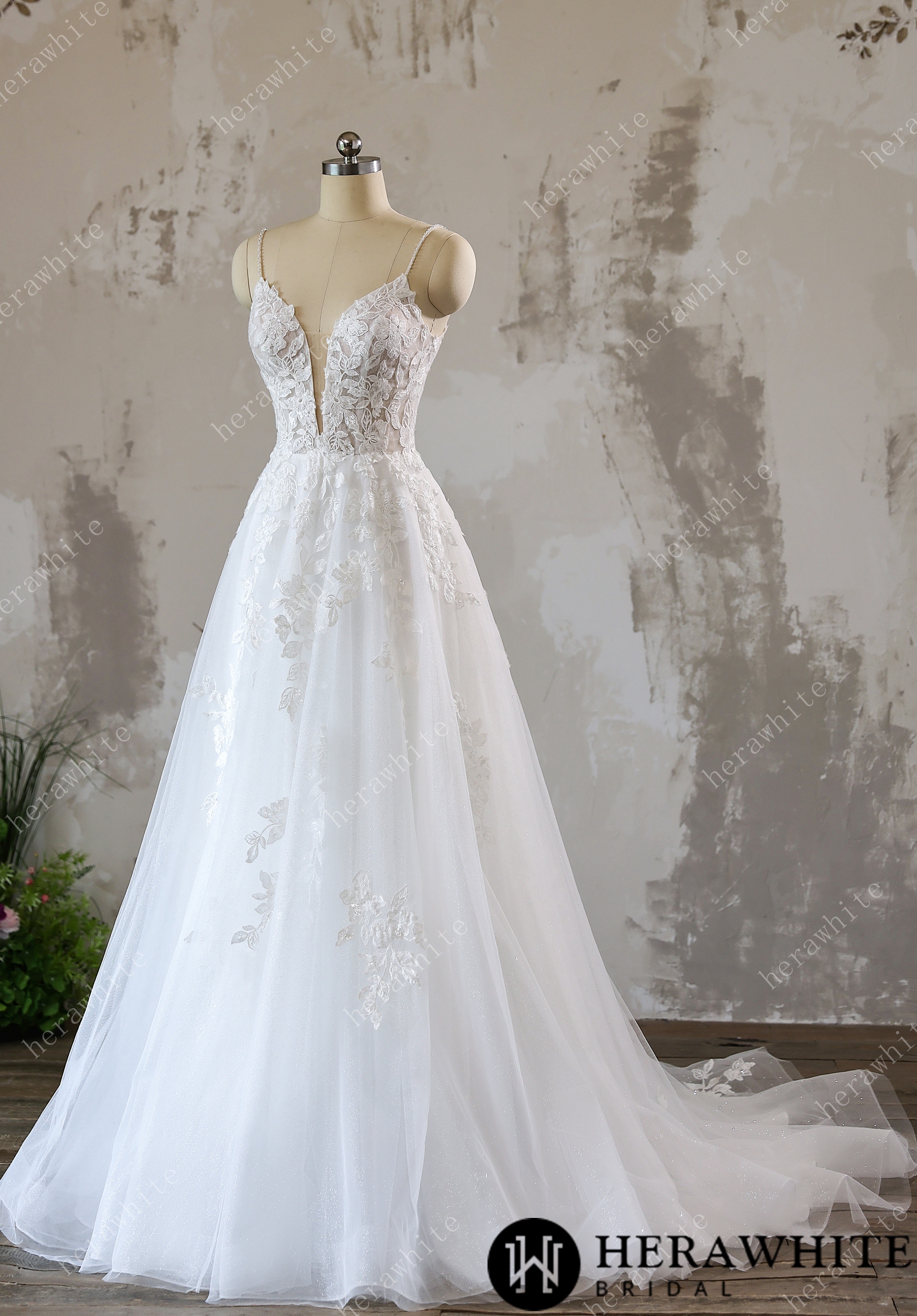 Lace A-line Bridal Gown with Sparkling Tulle and Crystal Beaded Straps