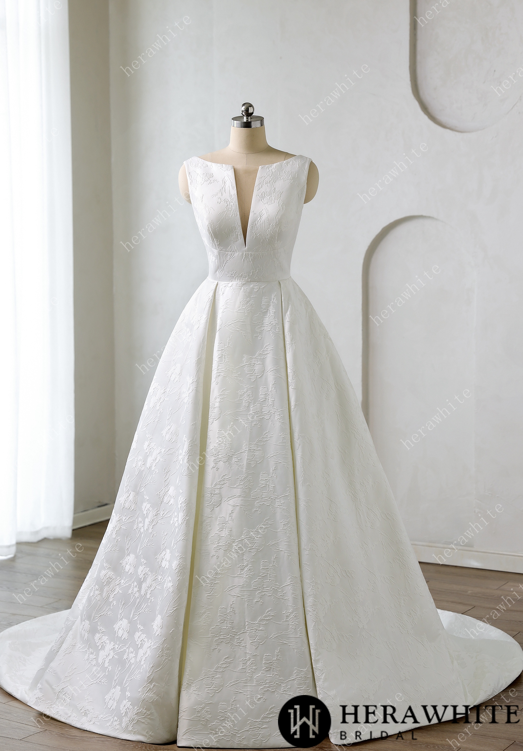 Modern Modesty Floral Jacquard A-Line Wedding Dress with Pockets