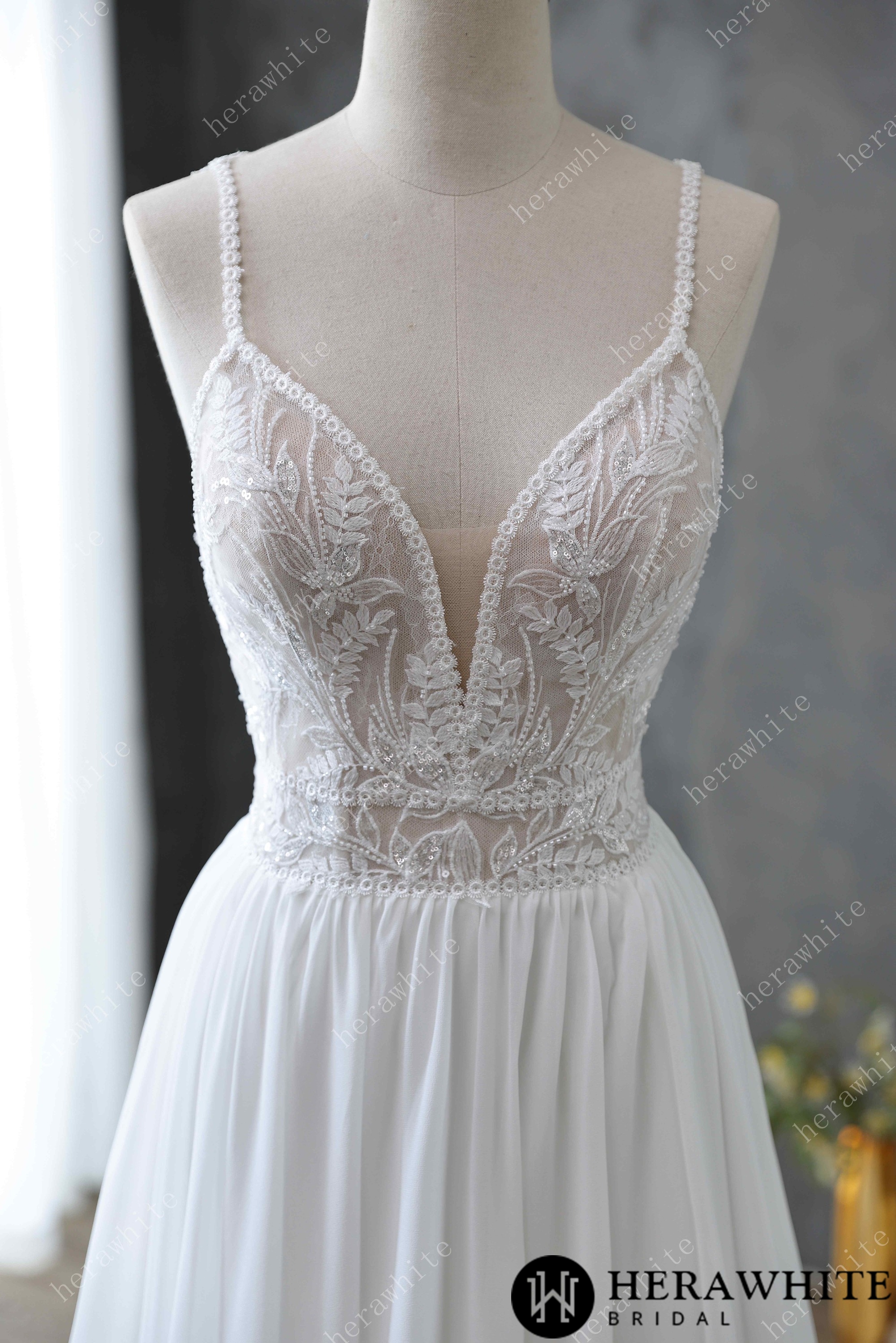 Spaghetti Strap Illusion Neckline with Flowing Chiffon Wedding Dress