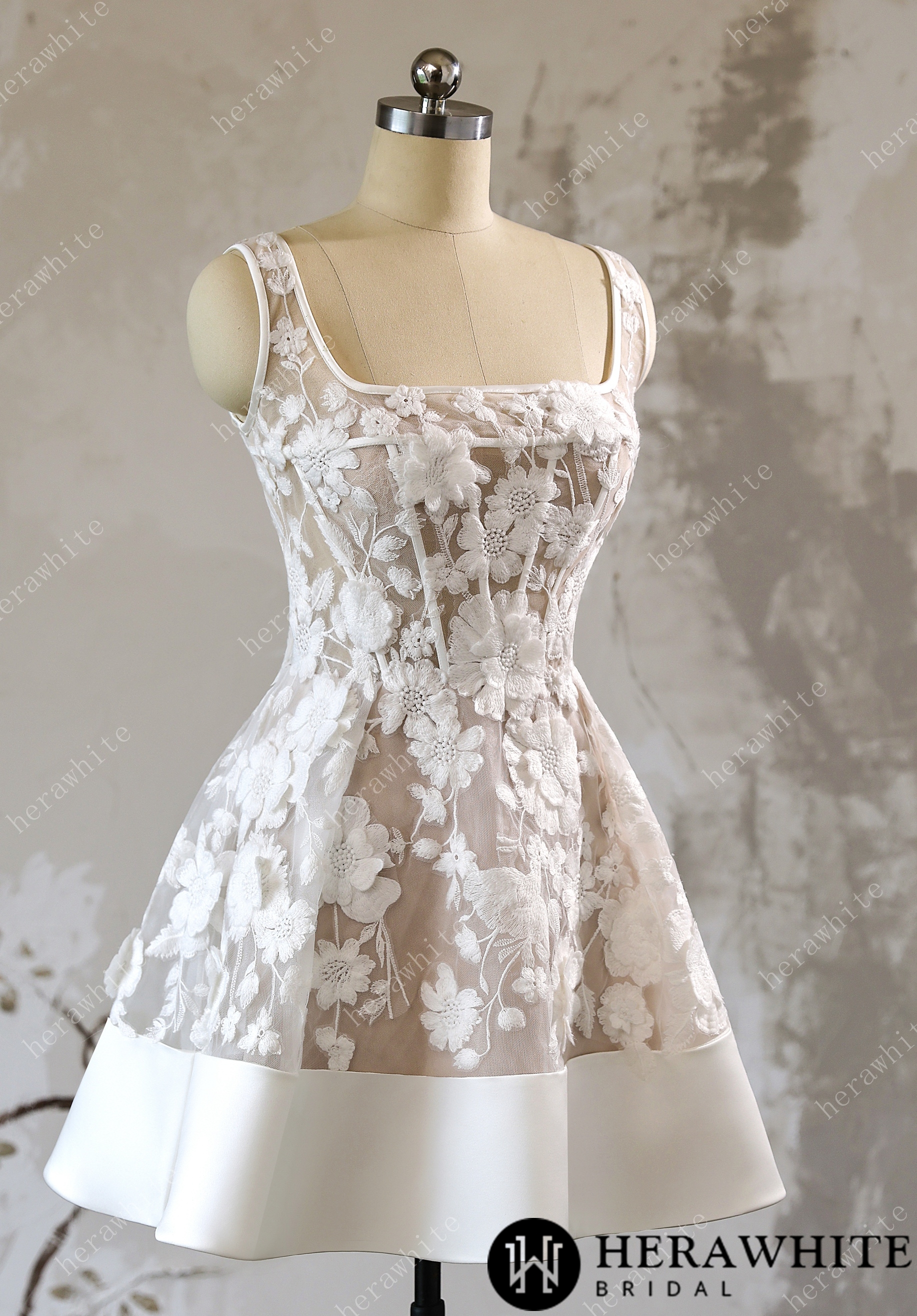 3D Floral Lace A Line Short Reception Dress with Lace Up Back