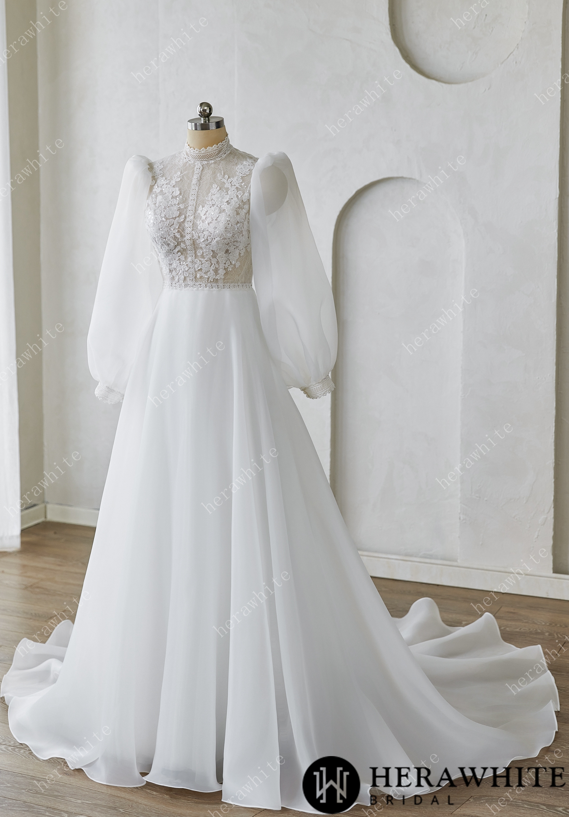 Vintage-Inspired High-Neck Lace & Voile Wedding Dress