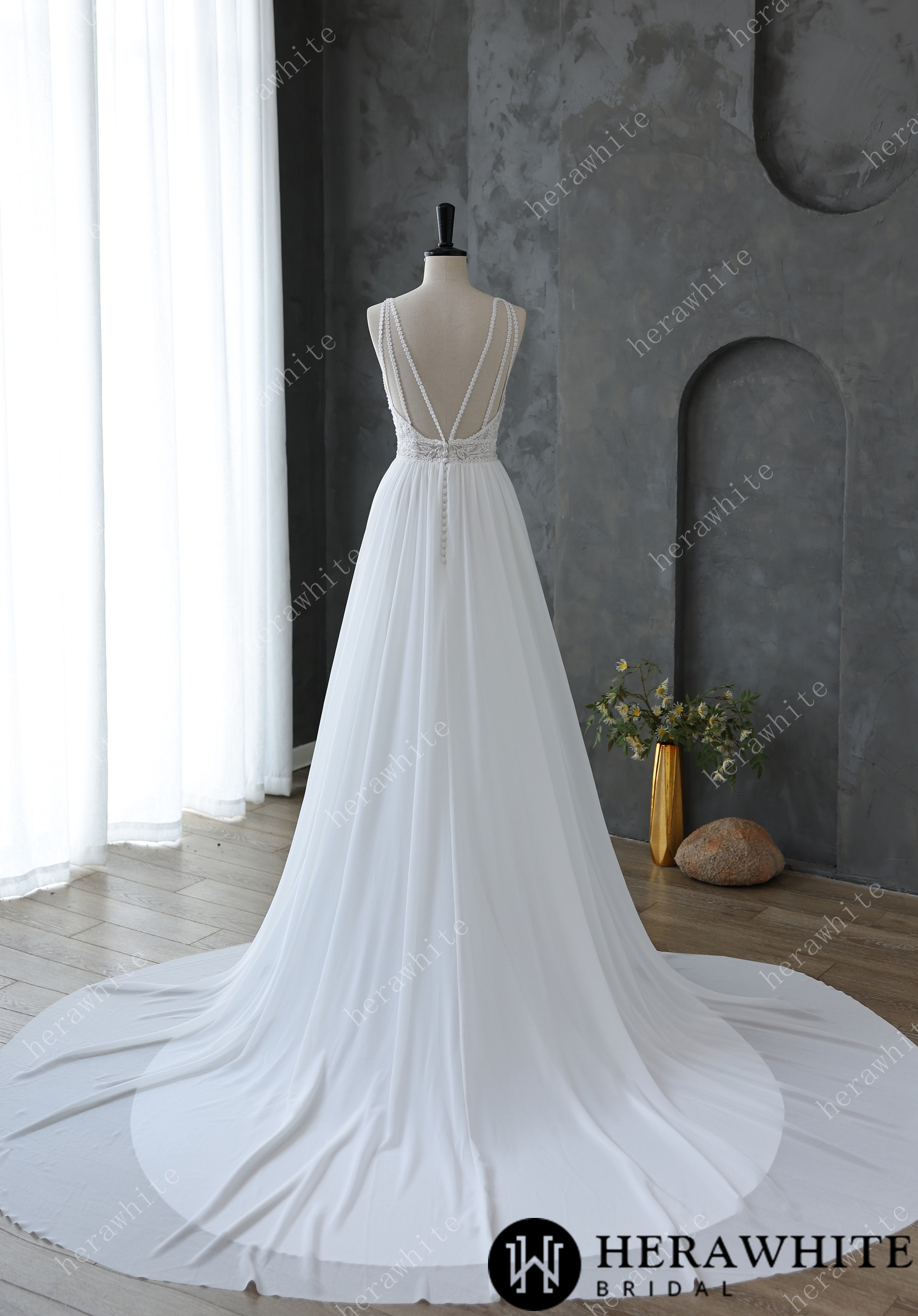 Spaghetti Strap Illusion Neckline with Flowing Chiffon Wedding Dress
