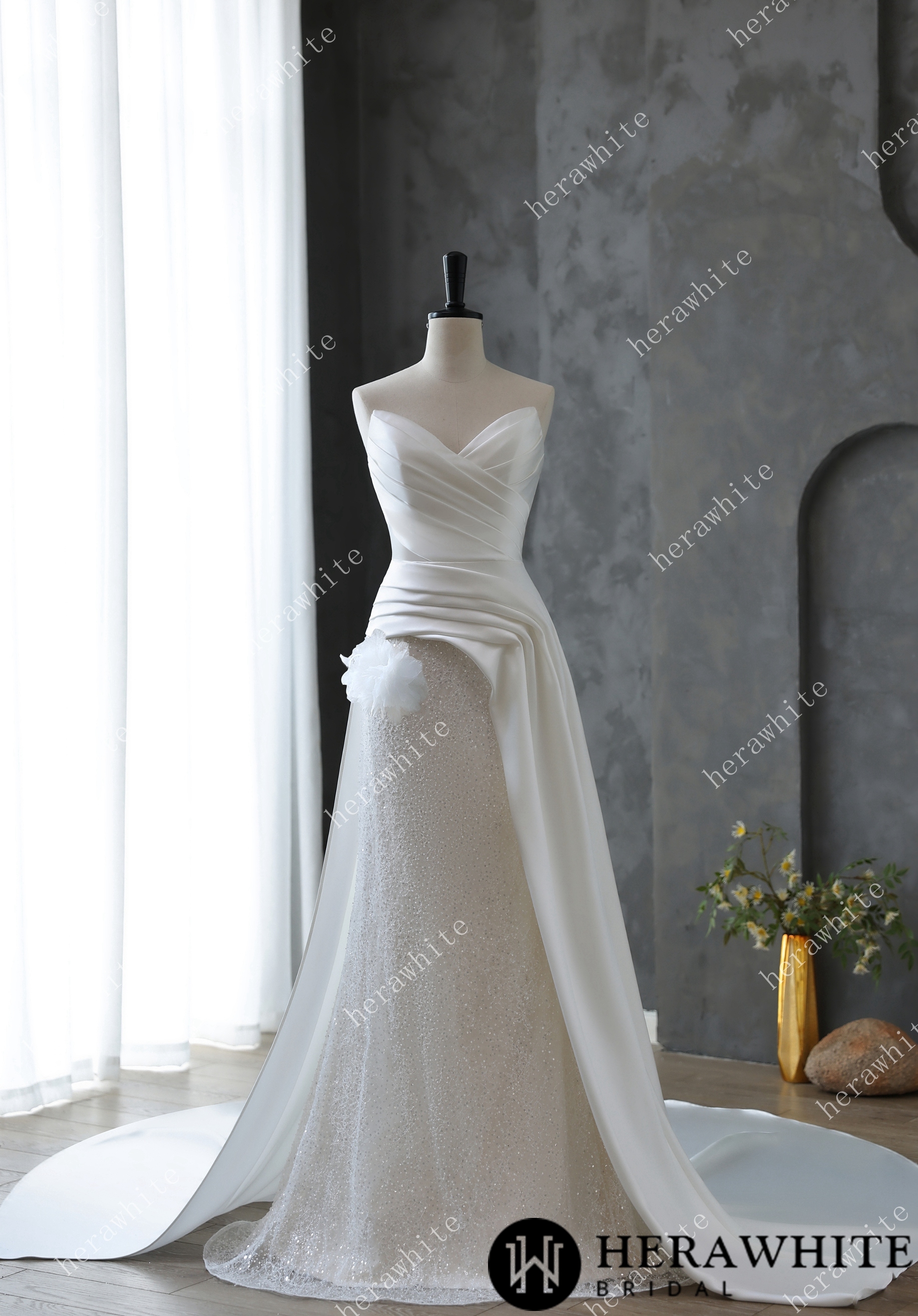 Elegant Satin Draped Wedding Gown with Beaded Skirt and Satin Train