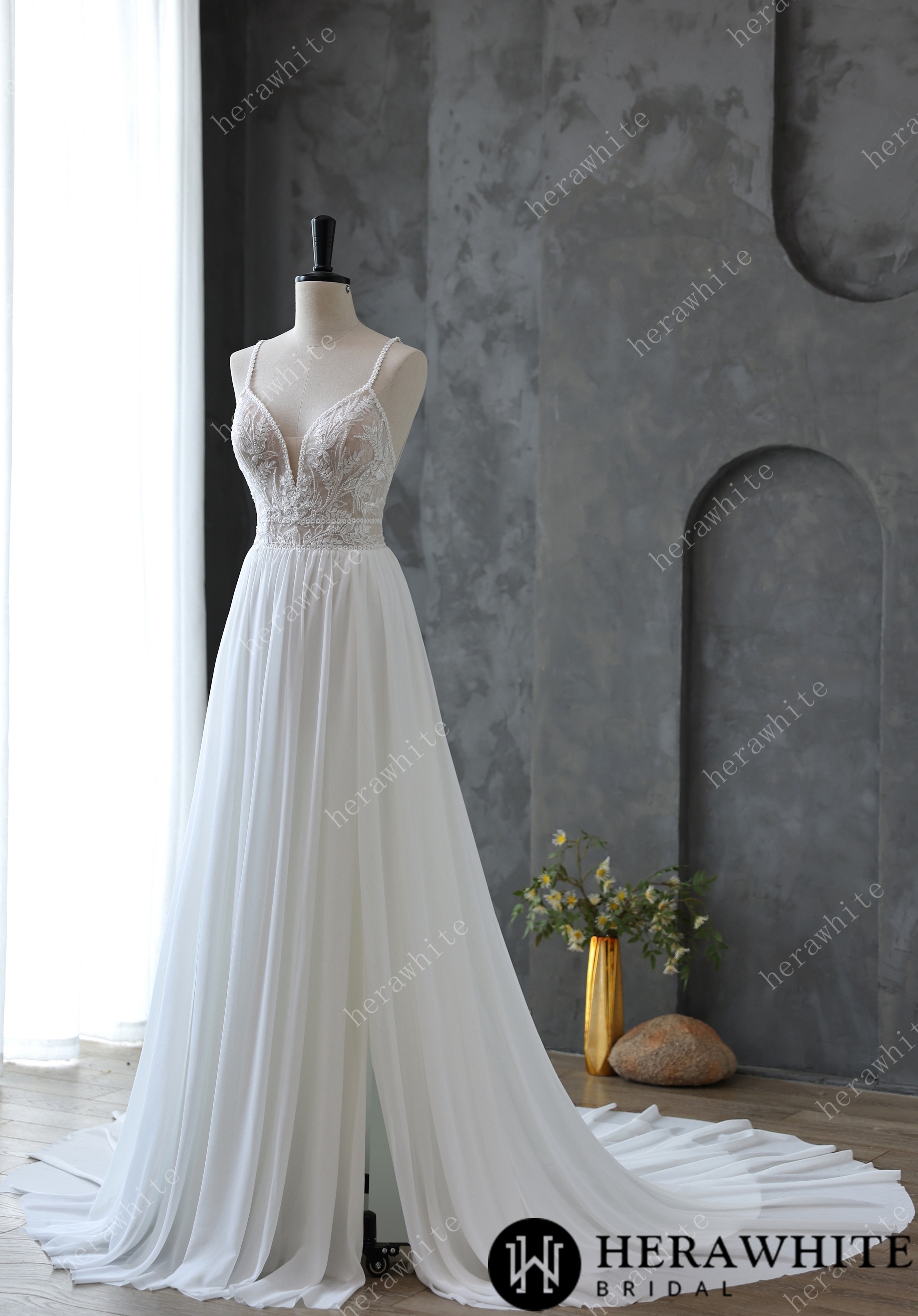 Spaghetti Strap Illusion Neckline with Flowing Chiffon Wedding Dress