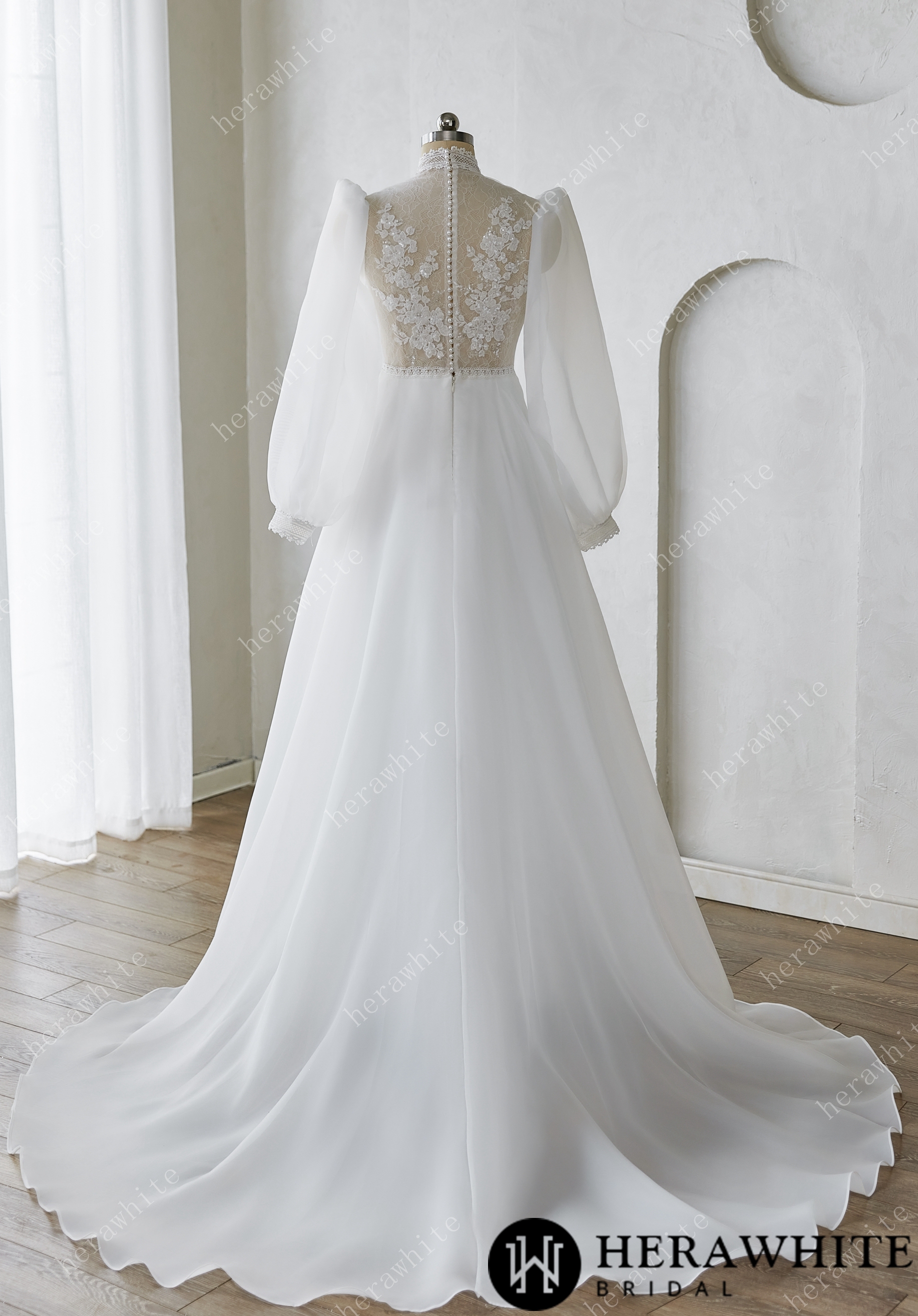 Vintage-Inspired High-Neck Lace & Voile Wedding Dress