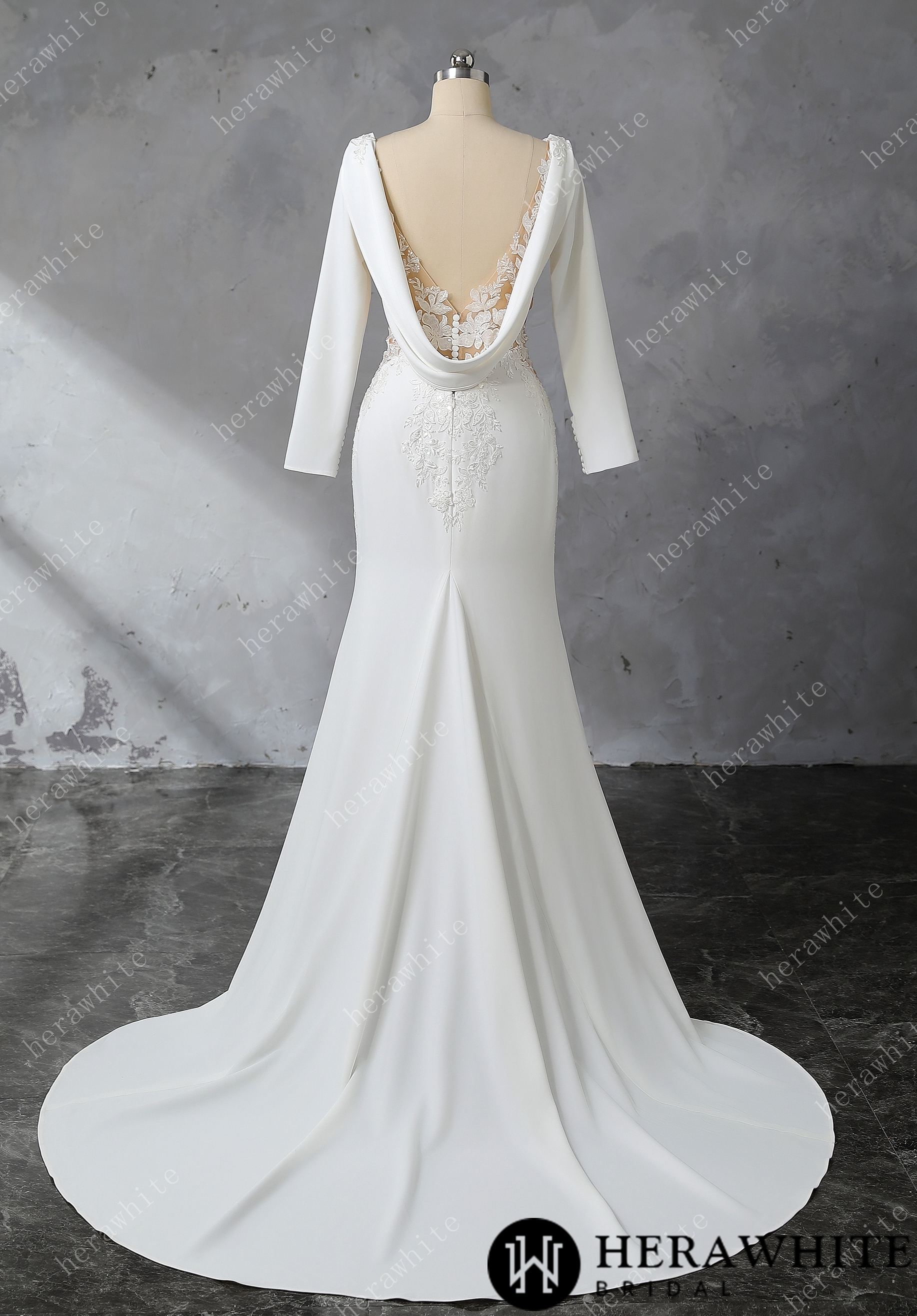 Boat Neckline Lace Cutout Crepe Fit And Flare Wedding Dress