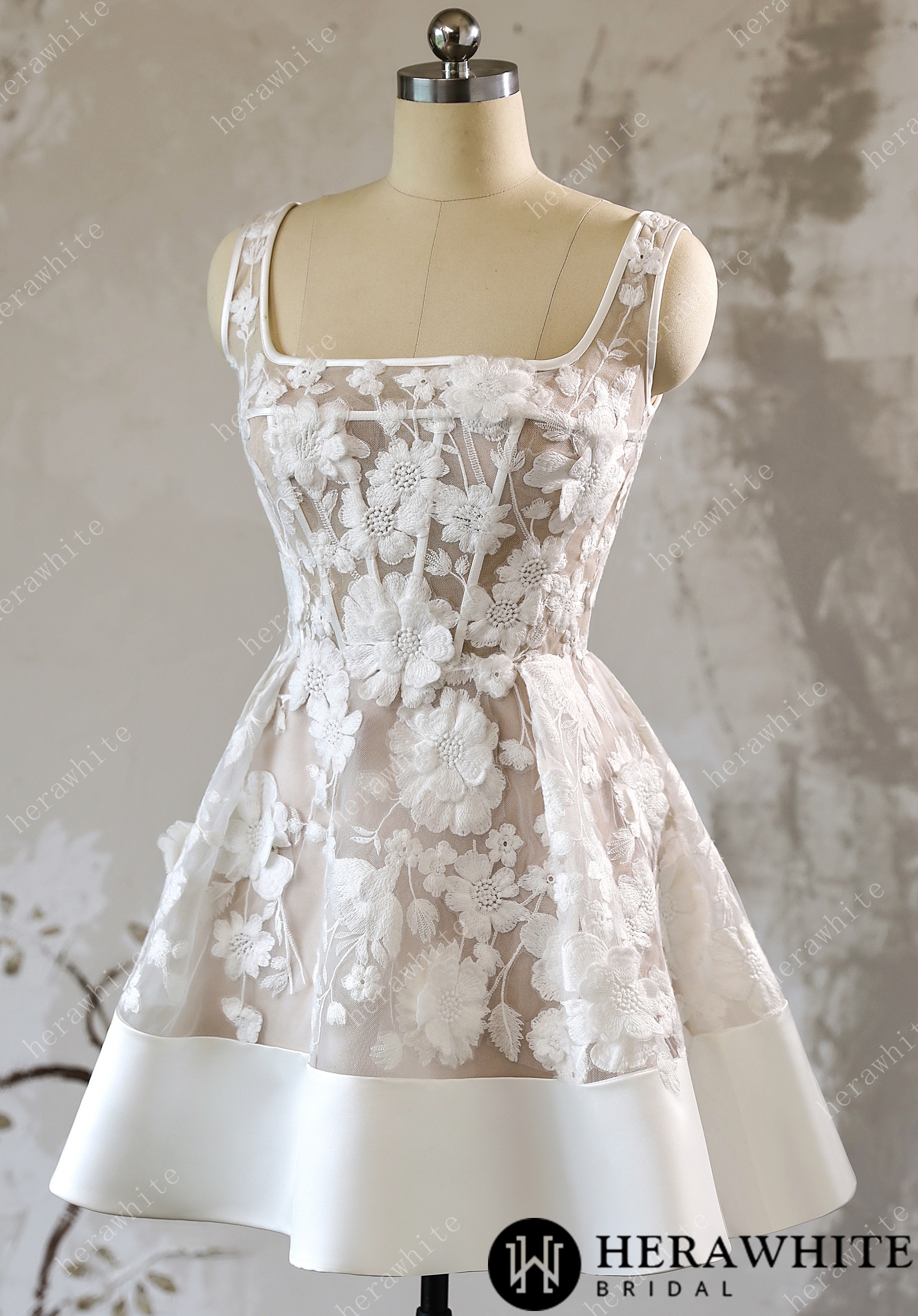 3D Floral Lace A Line Short Reception Dress with Lace Up Back