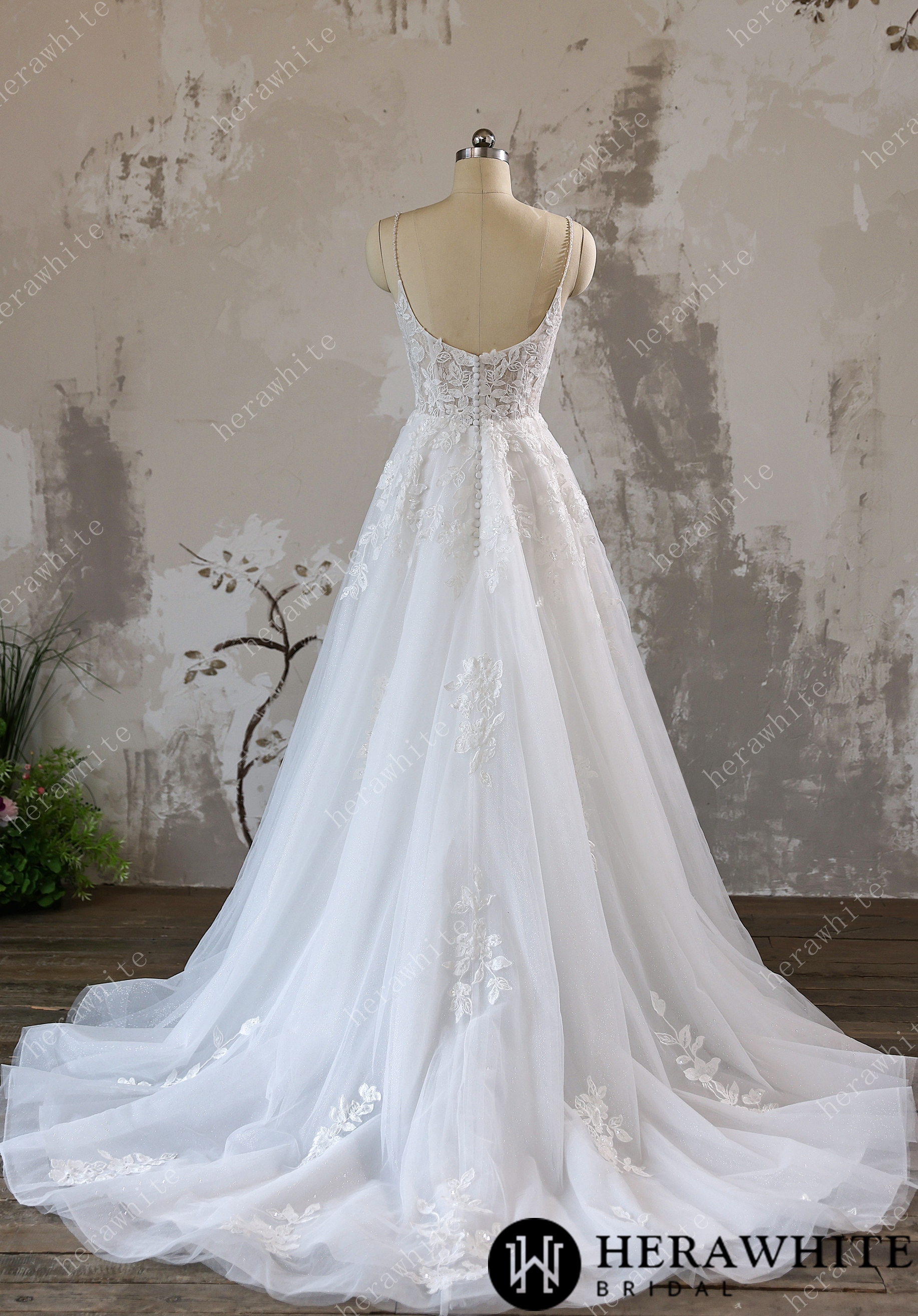 Lace A-line Bridal Gown with Sparkling Tulle and Crystal Beaded Straps