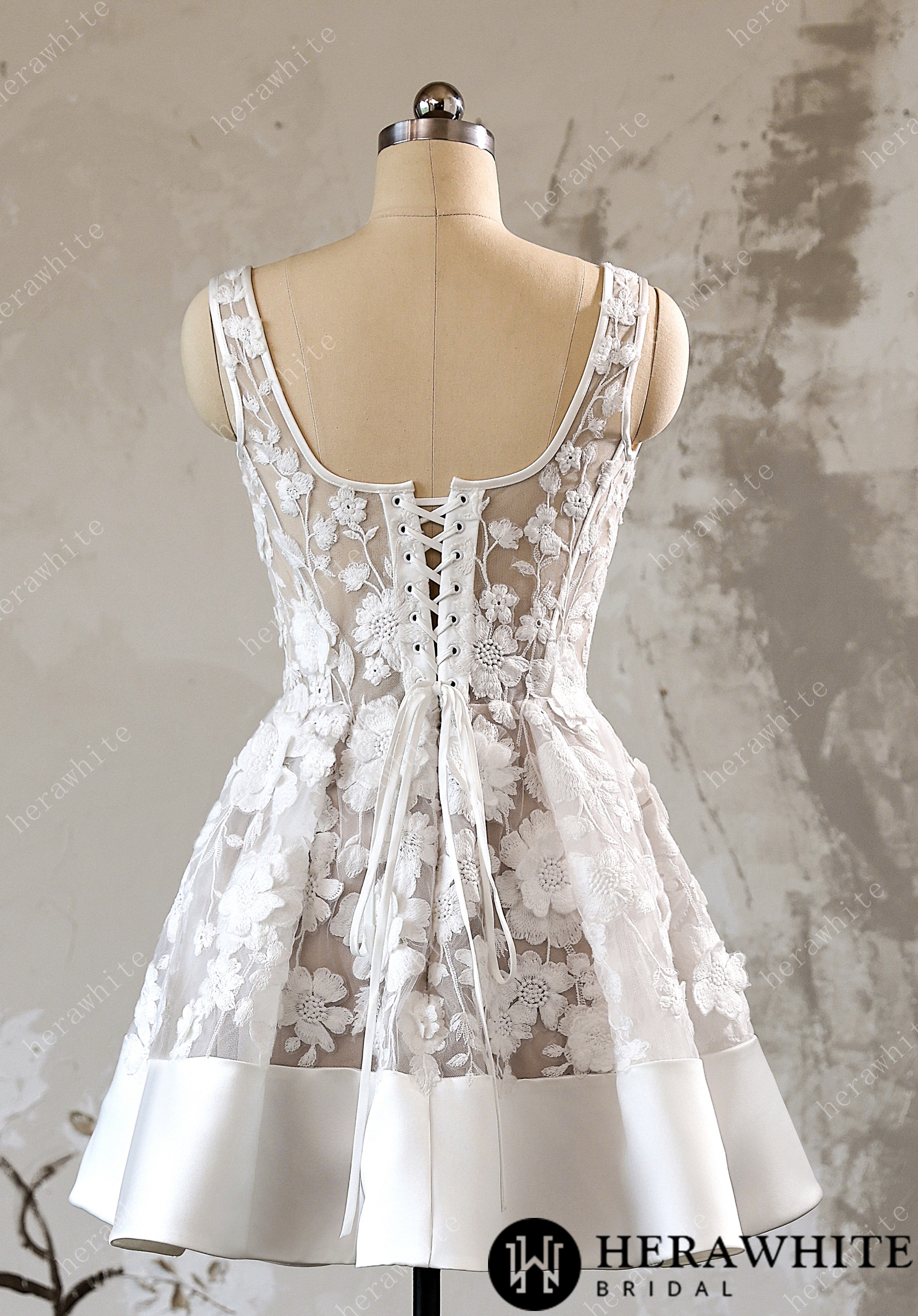 3D Floral Lace A Line Short Reception Dress with Lace Up Back