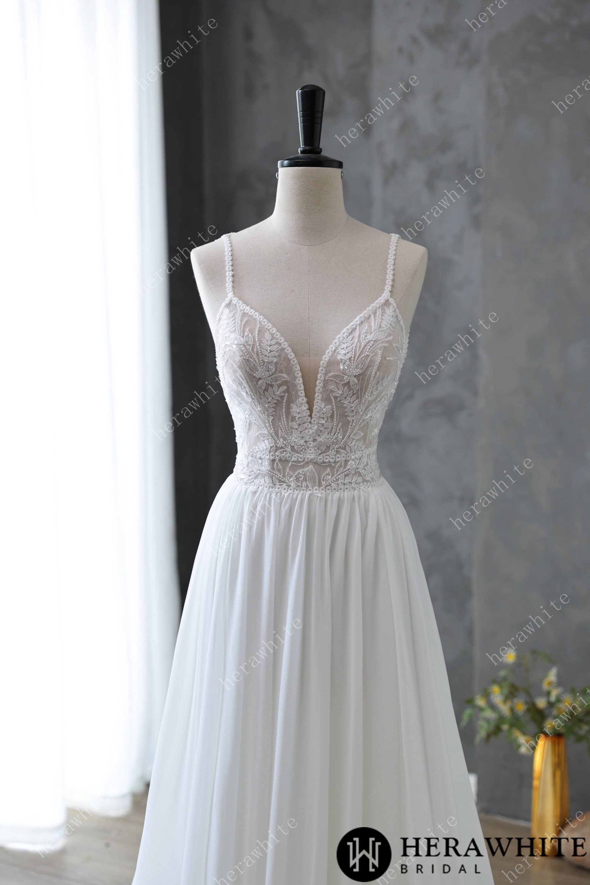 Spaghetti Strap Illusion Neckline with Flowing Chiffon Wedding Dress