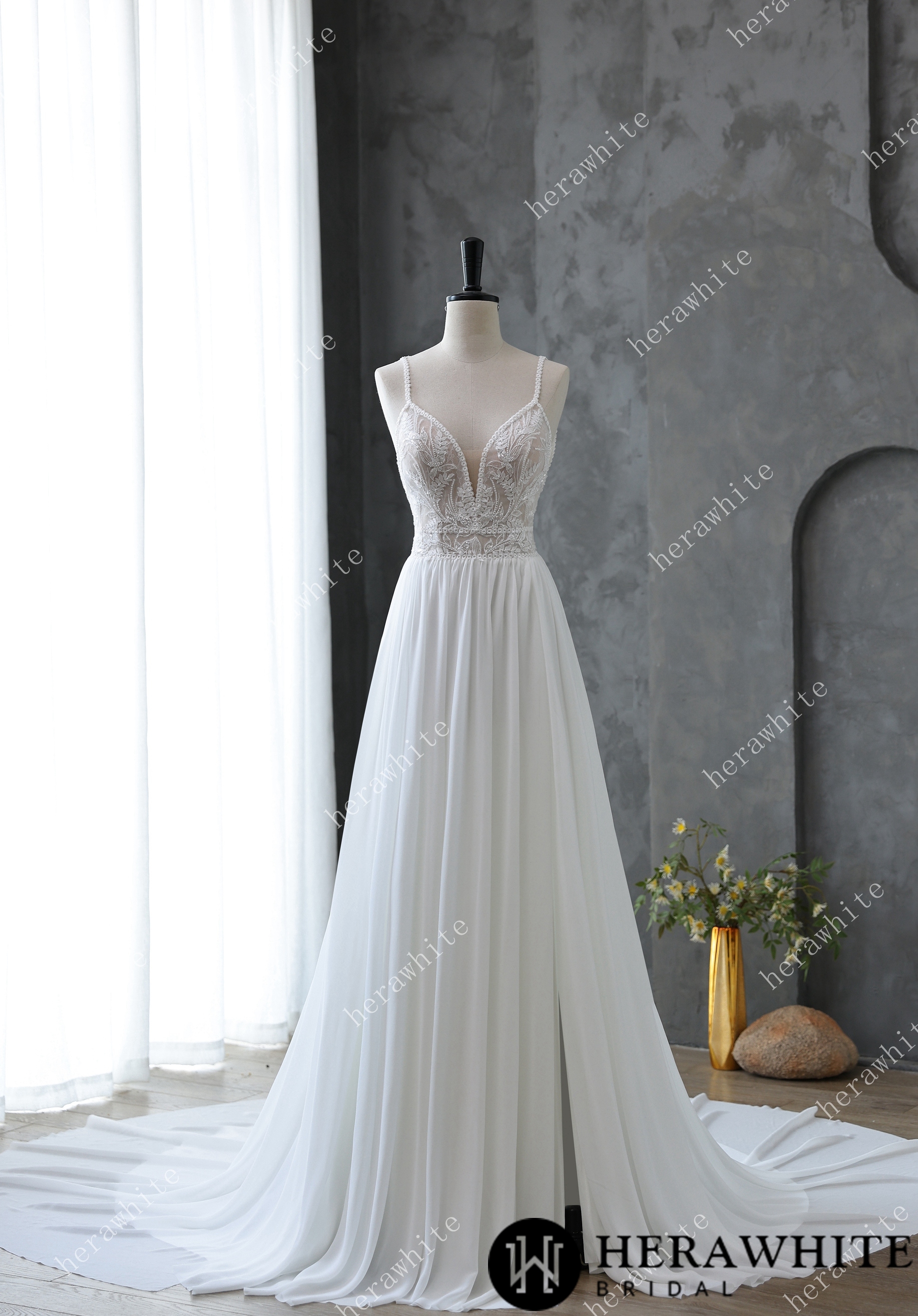 Spaghetti Strap Illusion Neckline with Flowing Chiffon Wedding Dress