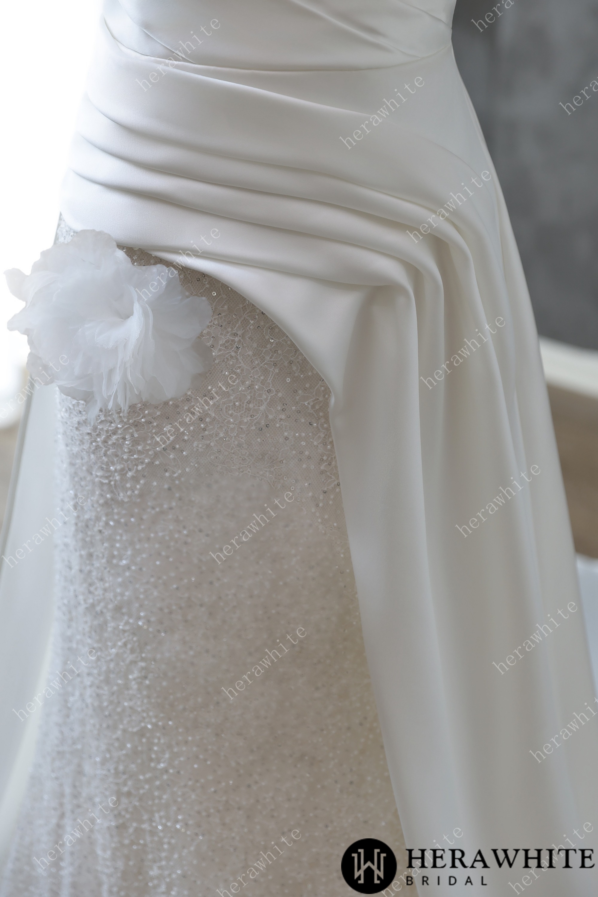 Elegant Satin Draped Wedding Gown with Beaded Skirt and Satin Train