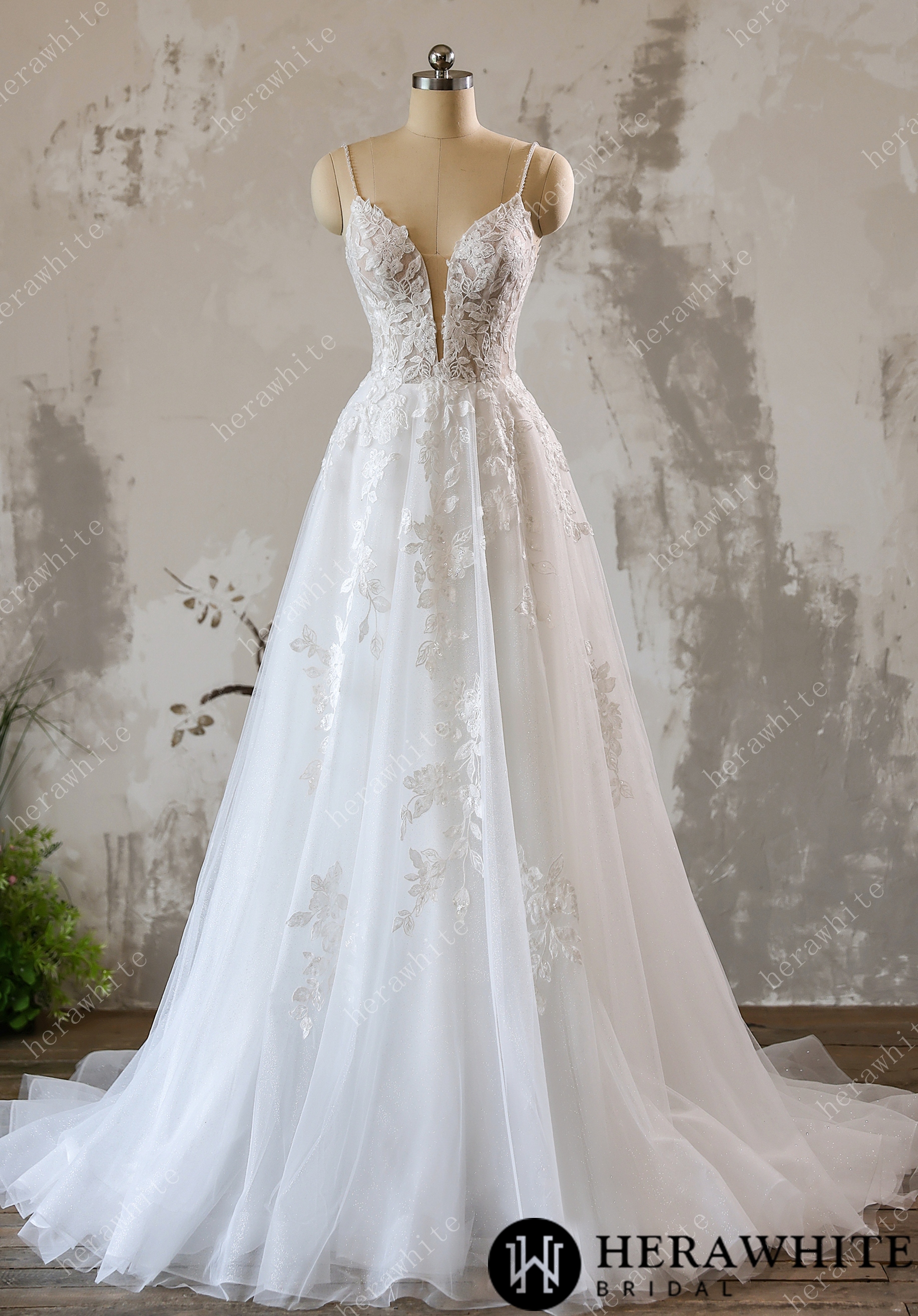 Lace A-line Bridal Gown with Sparkling Tulle and Crystal Beaded Straps