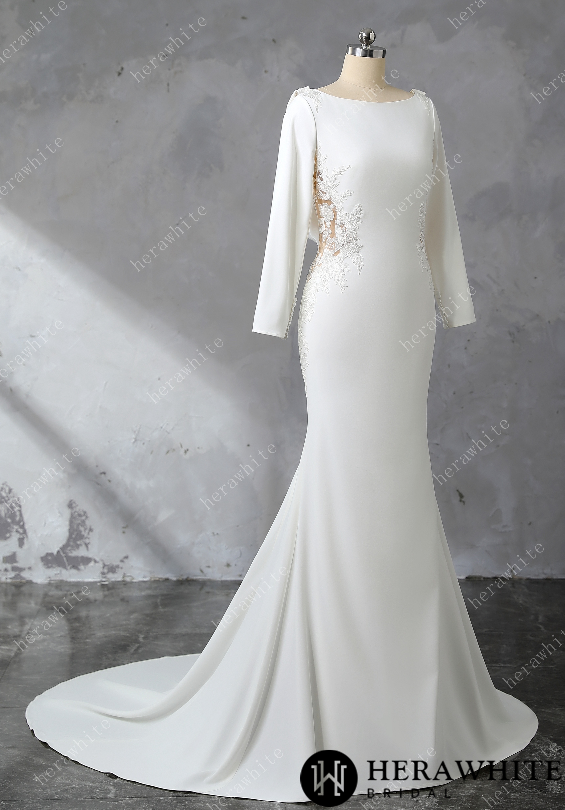 Boat Neckline Lace Cutout Crepe Fit And Flare Wedding Dress