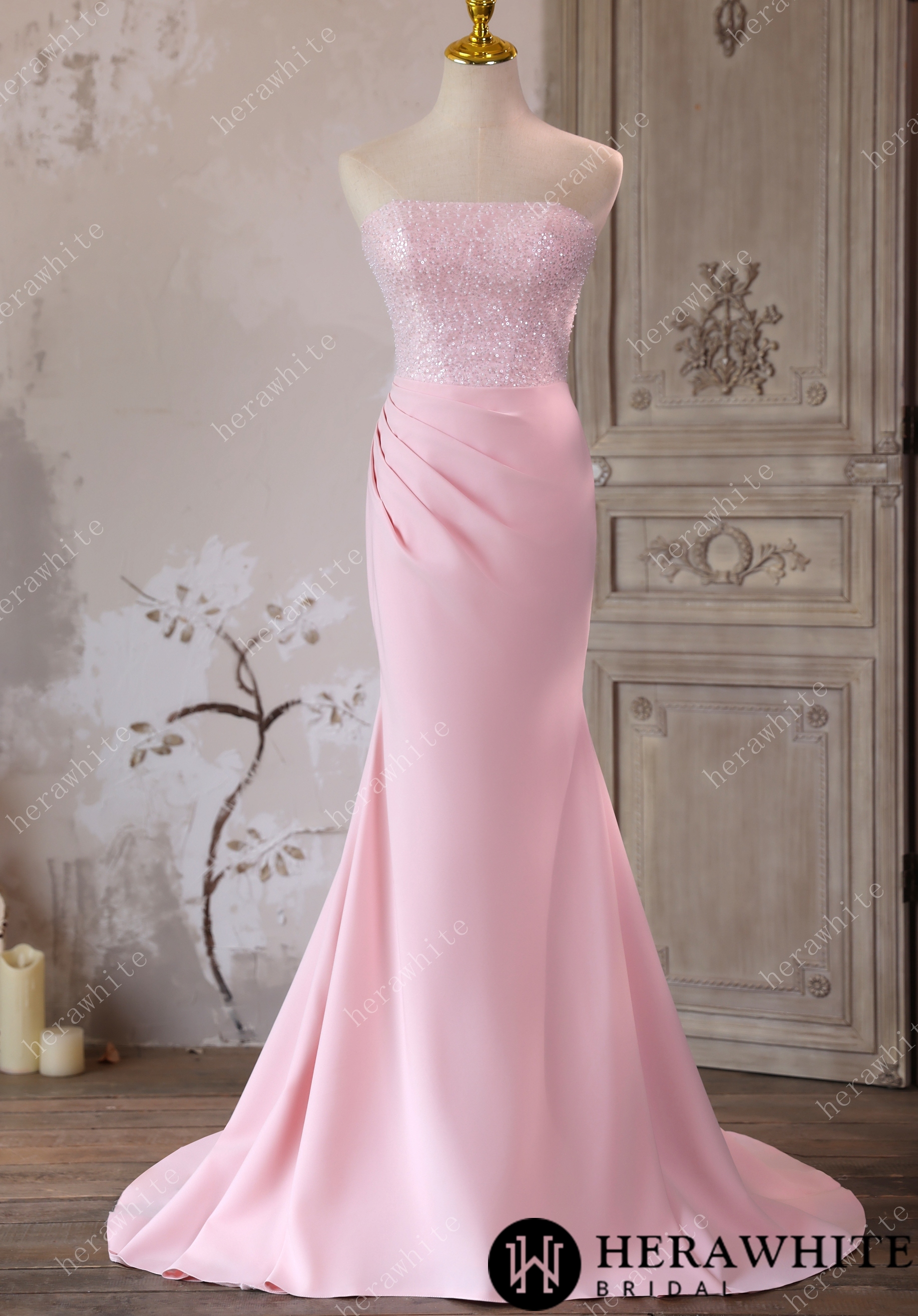 Strapless Beaded Bodice Pink Satin Mermaid Gown