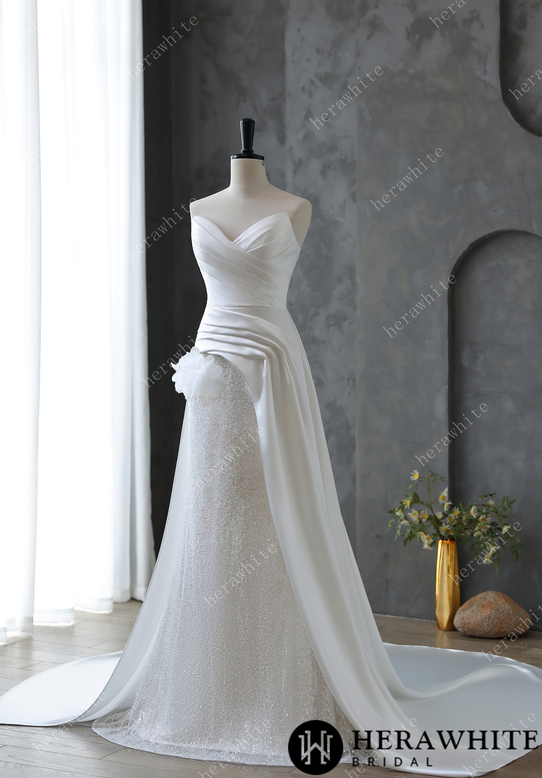 Elegant Satin Draped Wedding Gown with Beaded Skirt and Satin Train