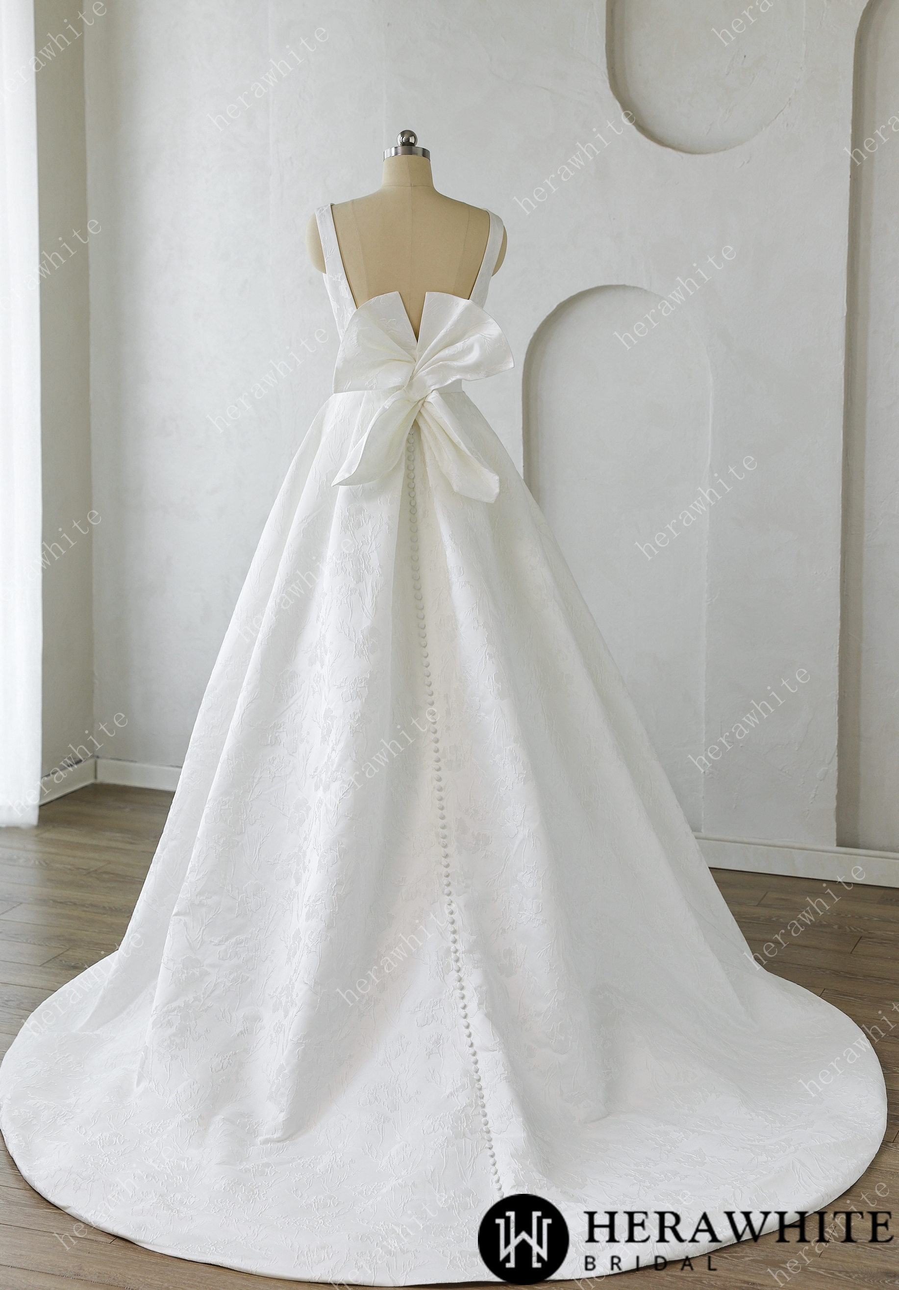 Modern Modesty Floral Jacquard A-Line Wedding Dress with Pockets