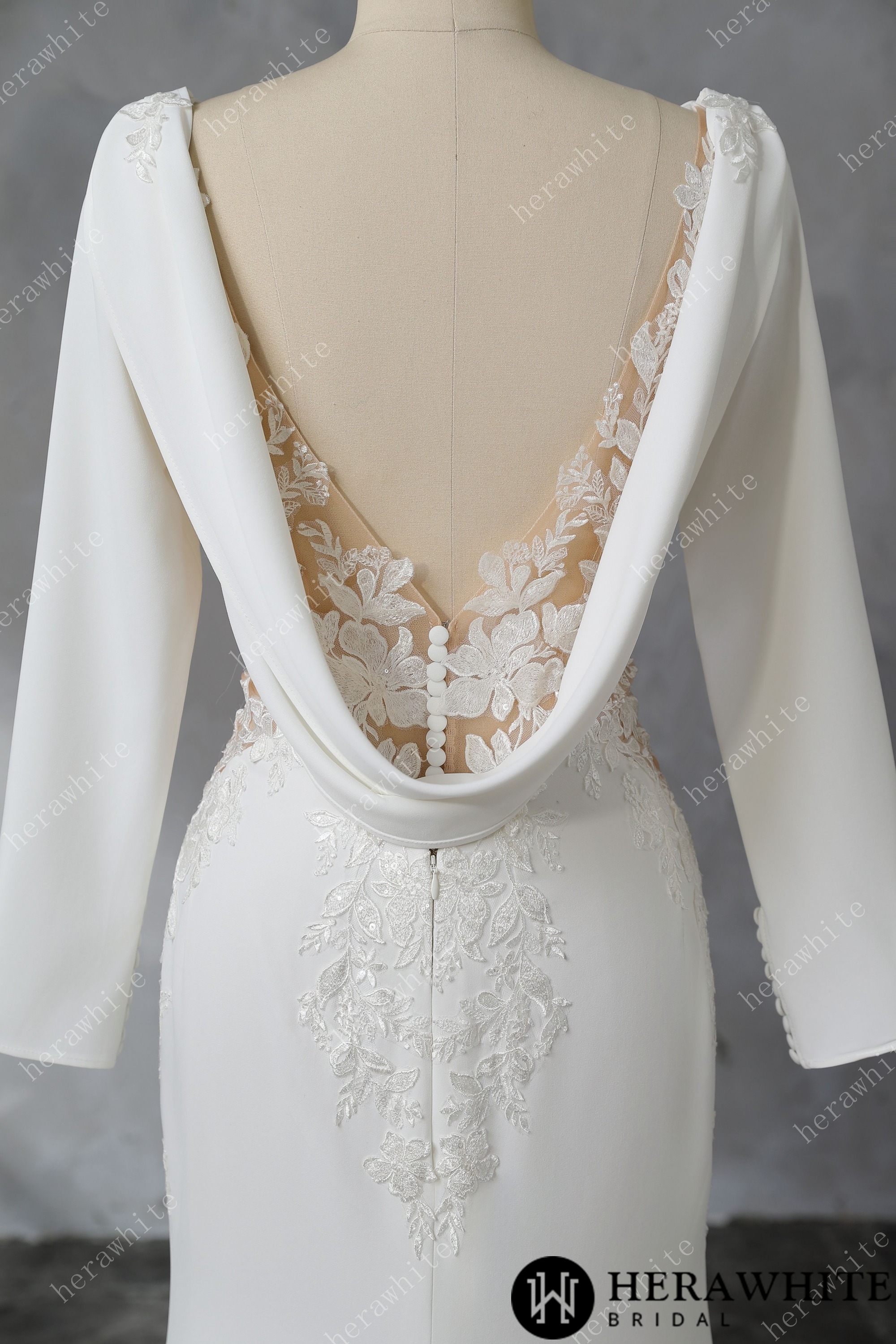 Boat Neckline Lace Cutout Crepe Fit And Flare Wedding Dress