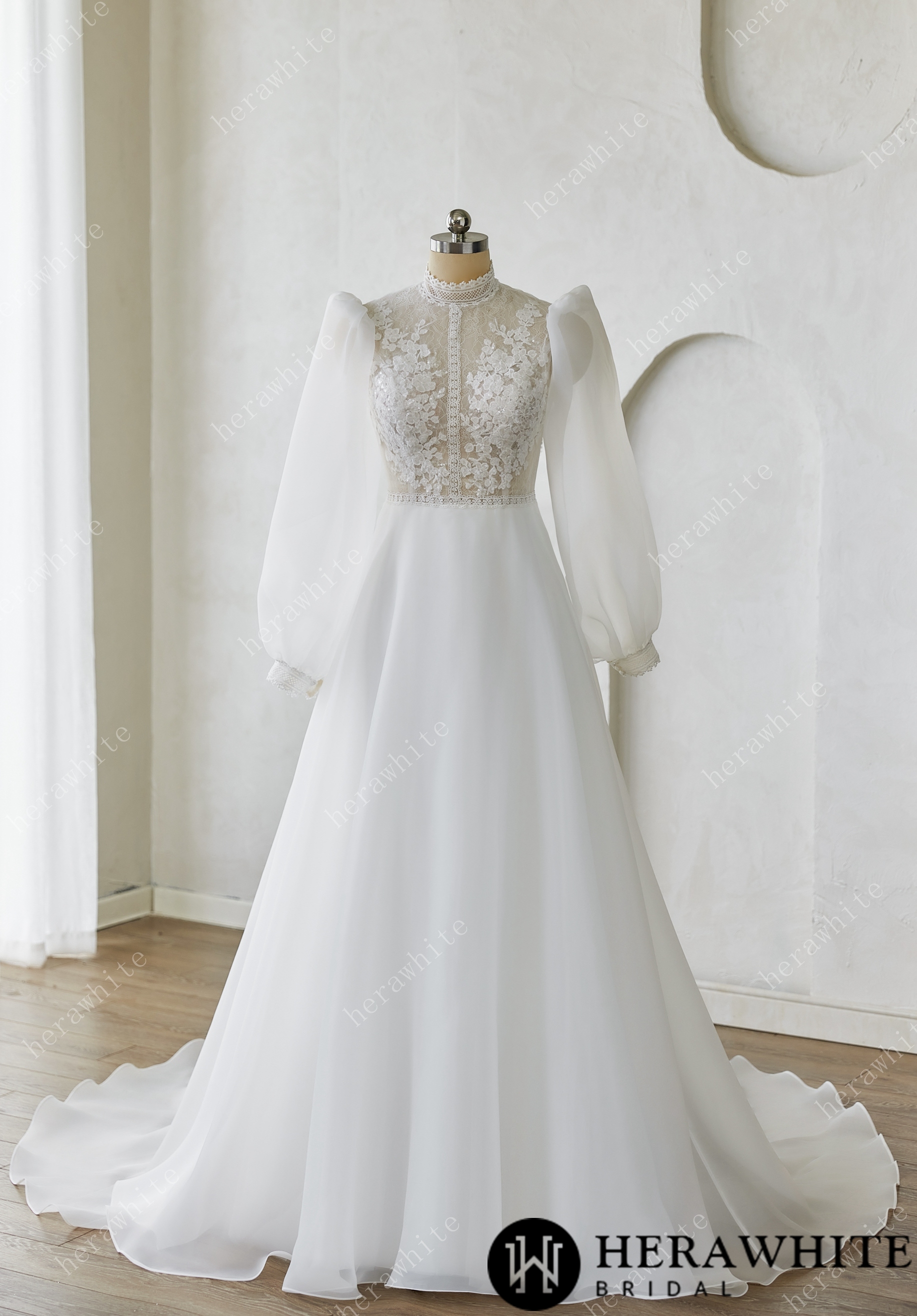 Vintage-Inspired High-Neck Lace & Voile Wedding Dress