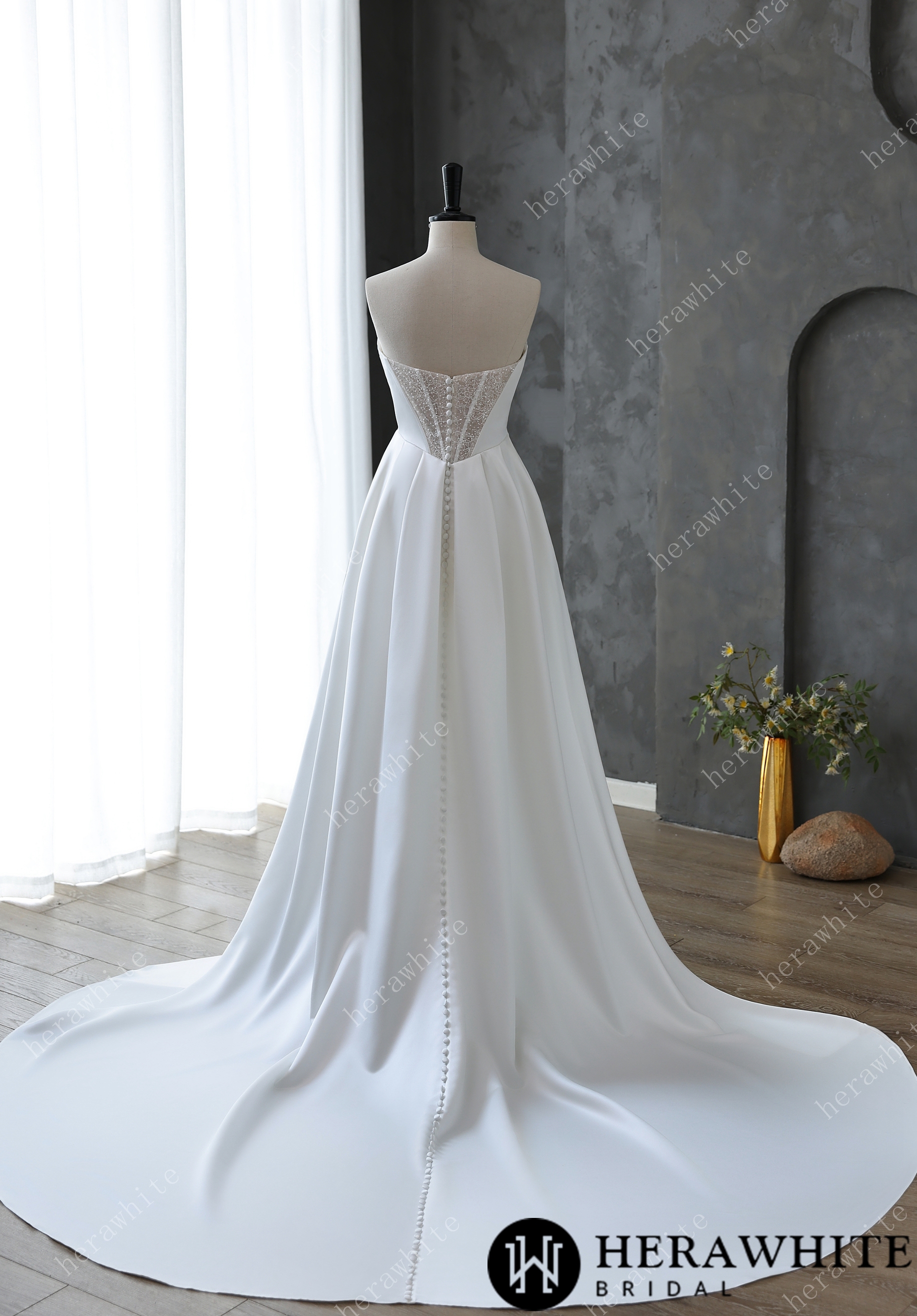 Elegant Satin Draped Wedding Gown with Beaded Skirt and Satin Train
