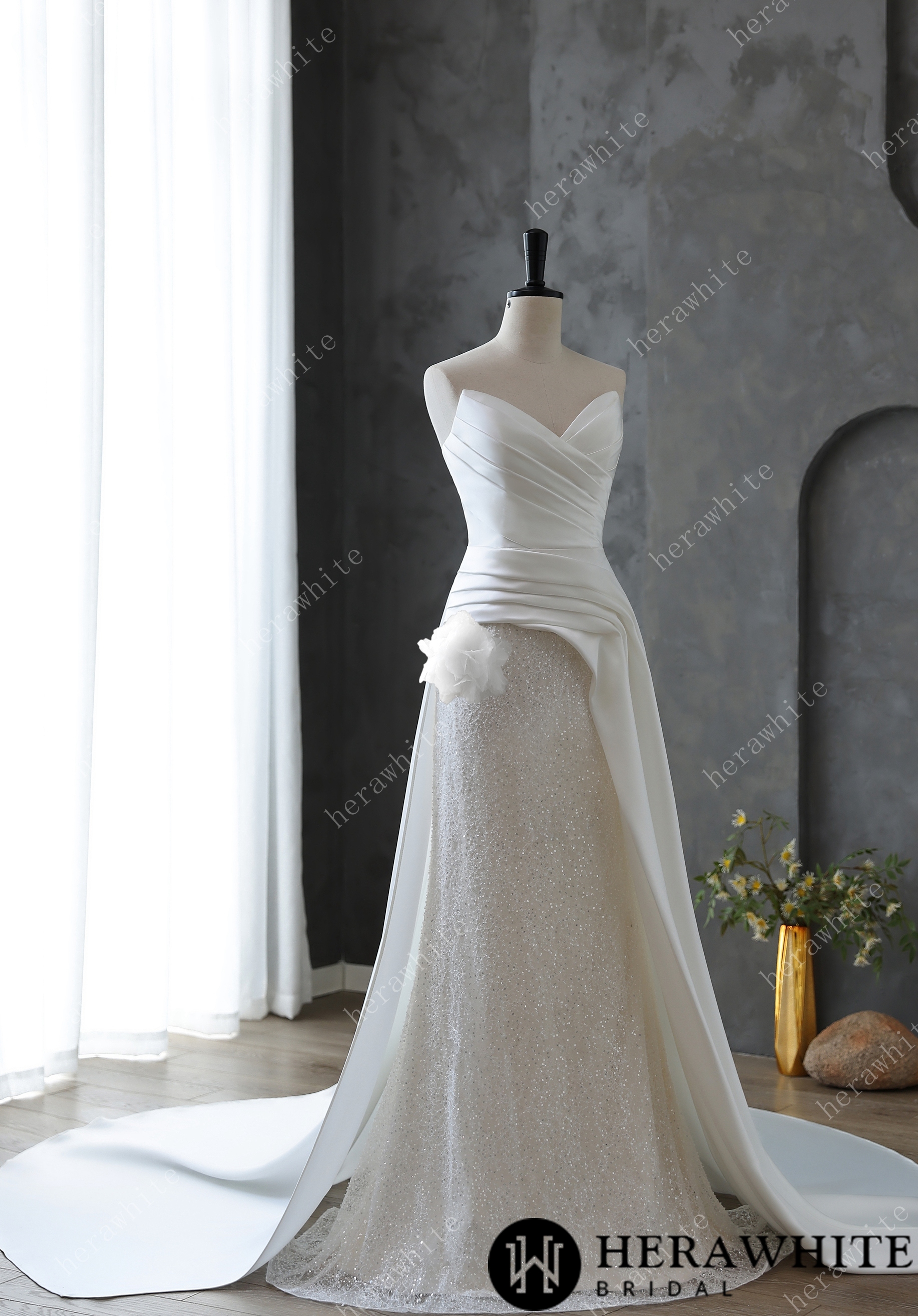 Elegant Satin Draped Wedding Gown with Beaded Skirt and Satin Train