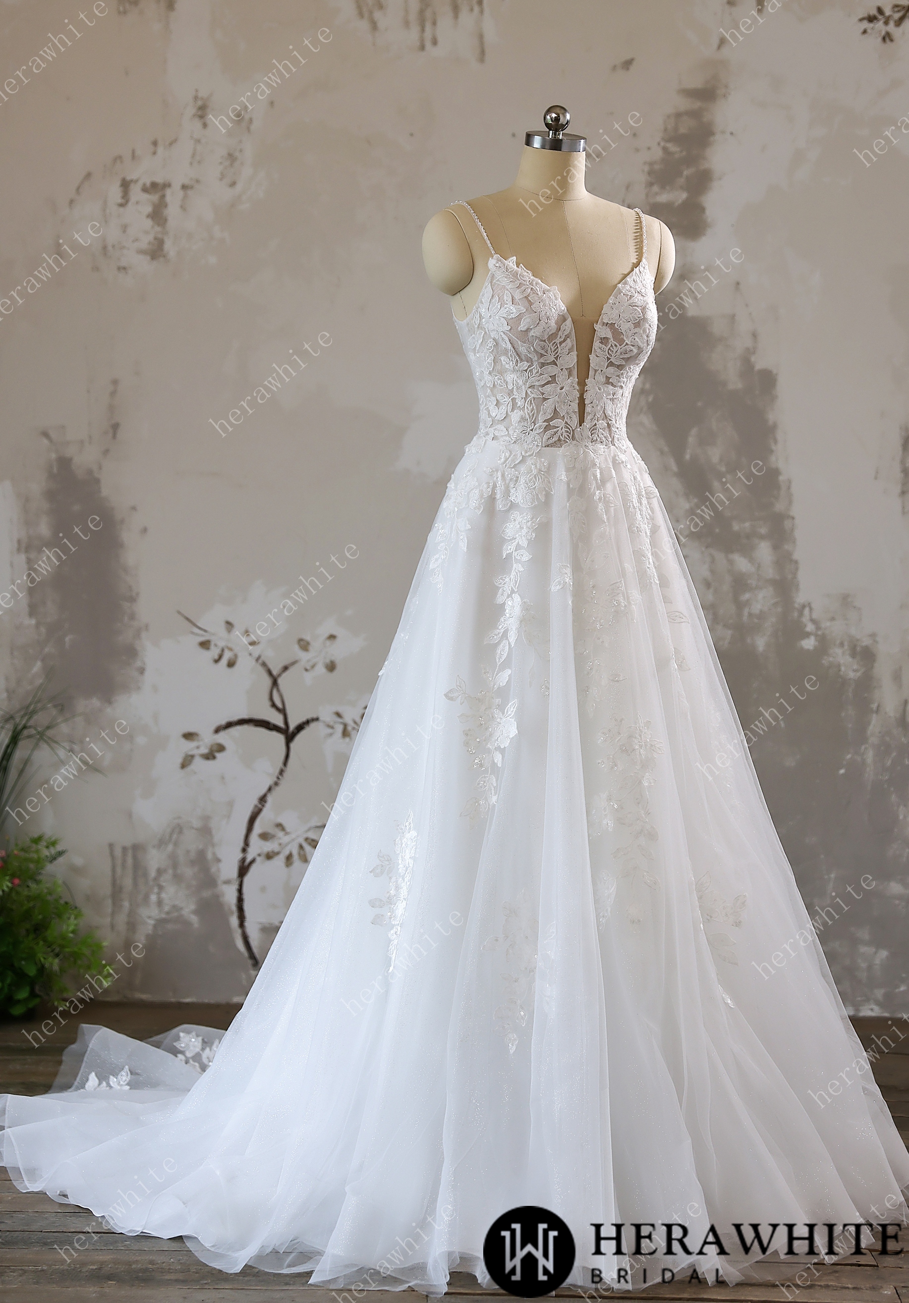 Lace A-line Bridal Gown with Sparkling Tulle and Crystal Beaded Straps