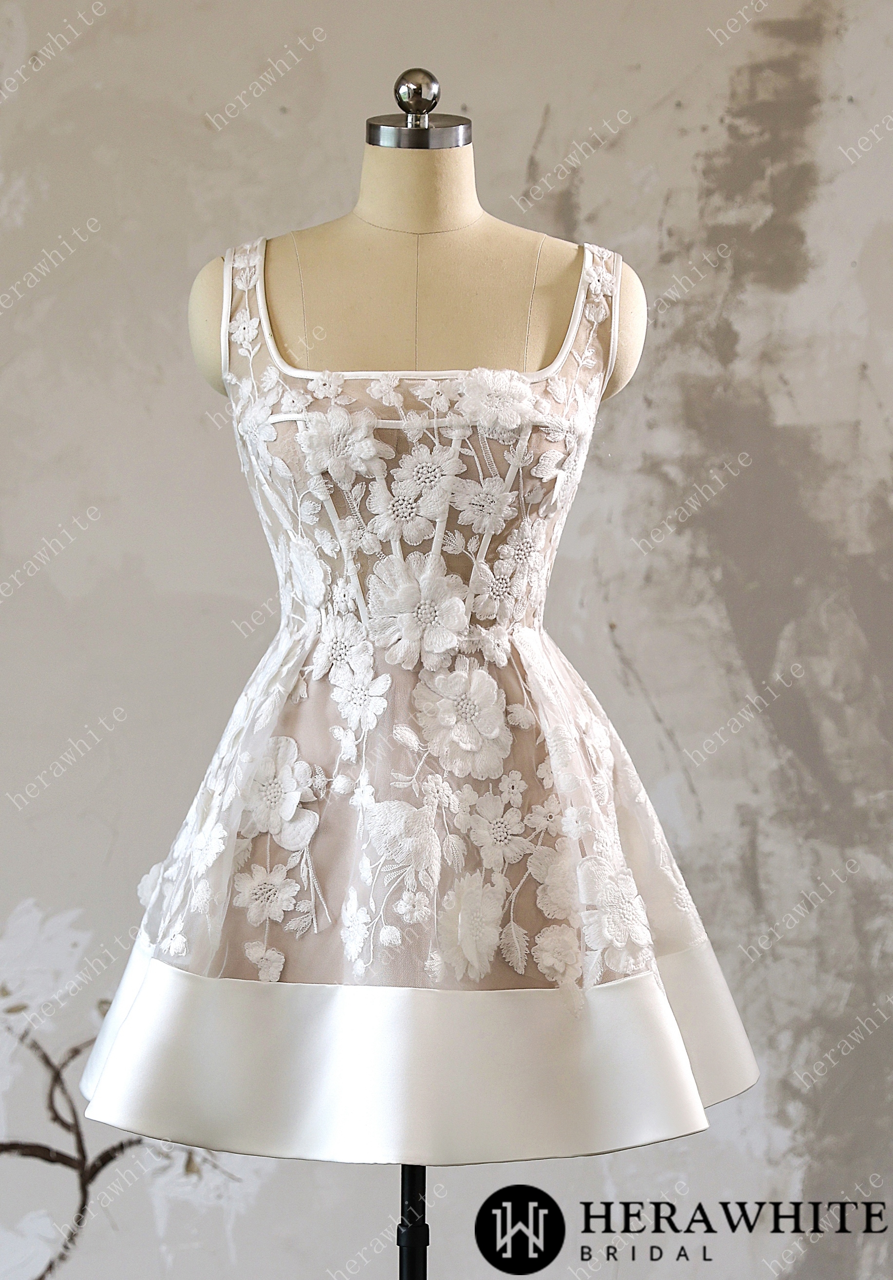 3D Floral Lace A Line Short Reception Dress with Lace Up Back