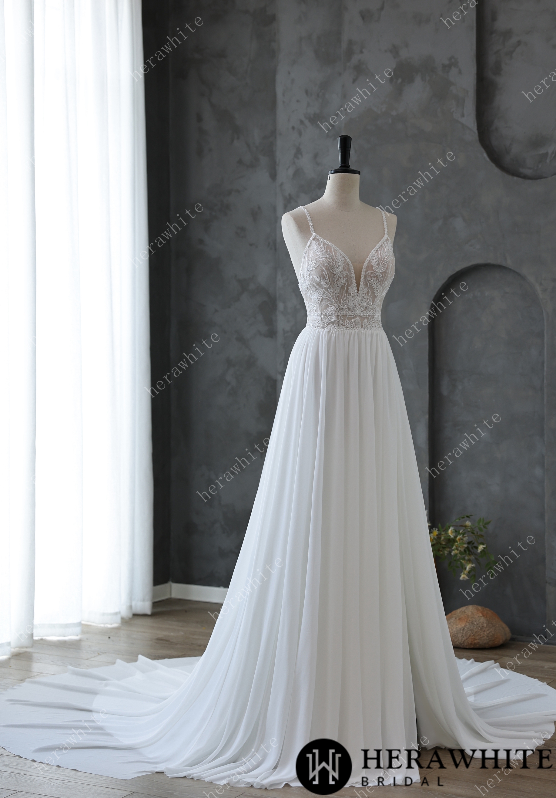 Spaghetti Strap Illusion Neckline with Flowing Chiffon Wedding Dress